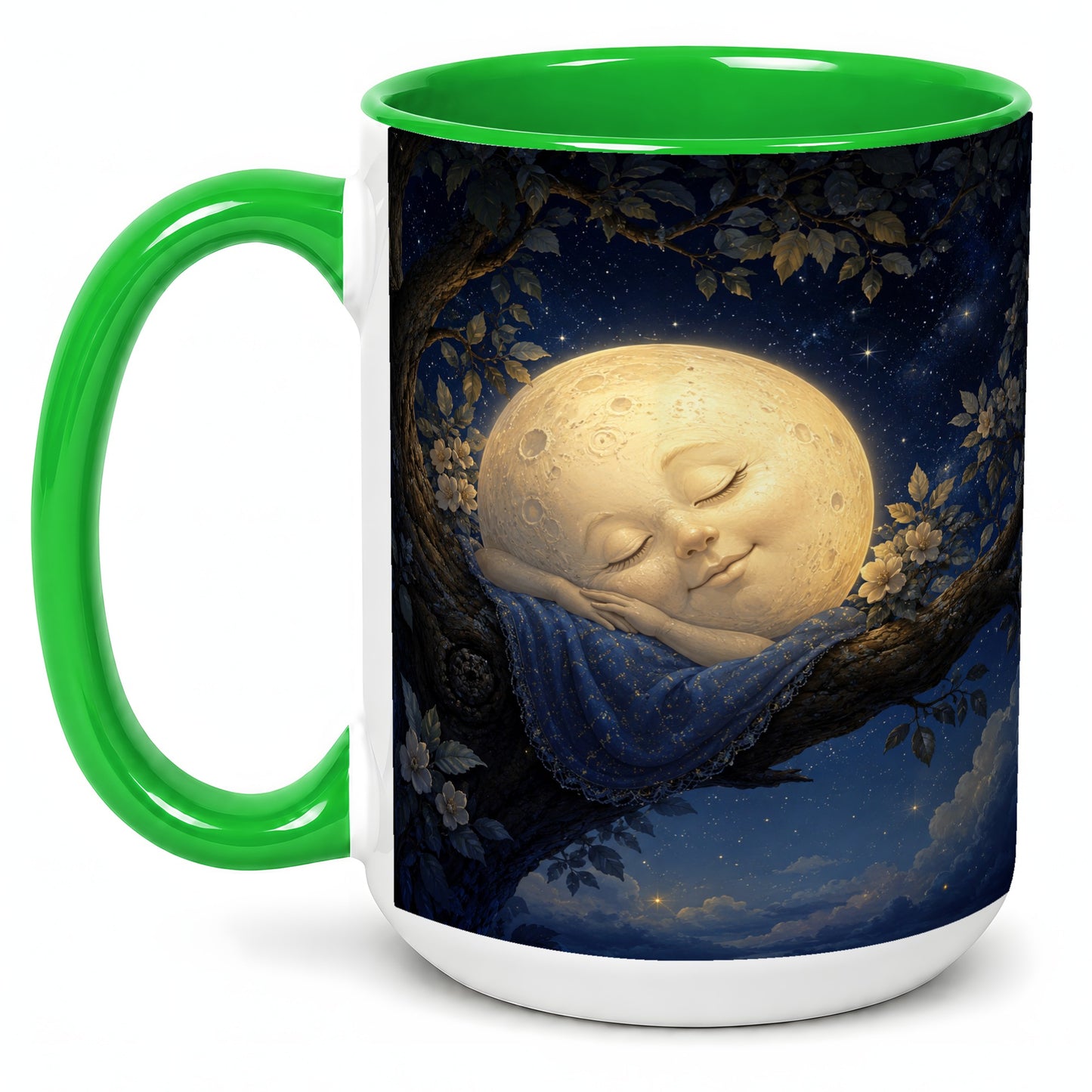 #pl[15oz|Green] Sleeping Moon Ceramic Mug, Dreamy Celestial Night Art