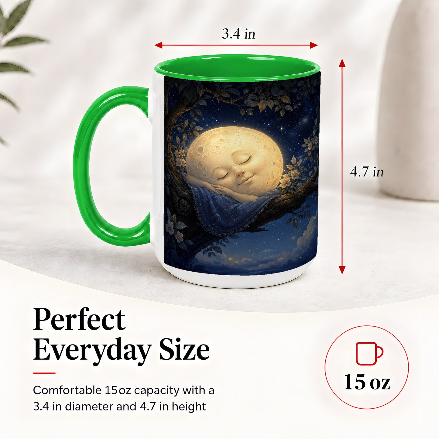 #pl[15oz|Green] Sleeping Moon Ceramic Mug, Dreamy Celestial Night Art