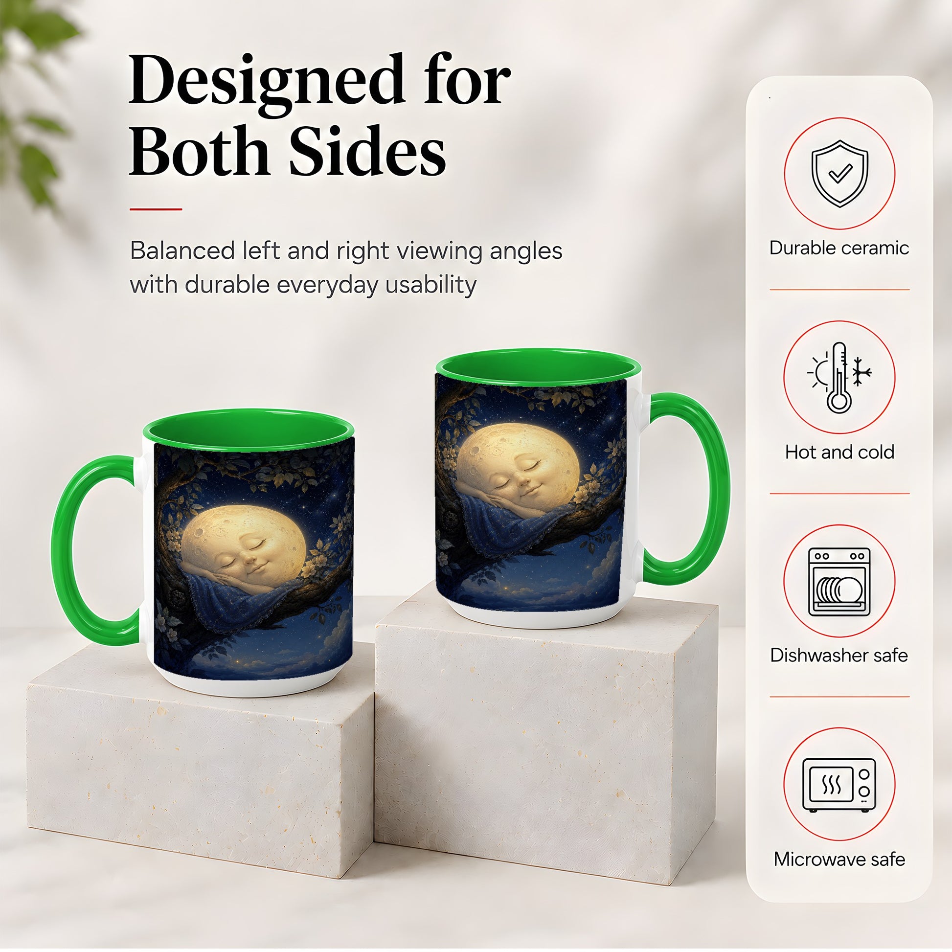 #pl[15oz|Green] Sleeping Moon Ceramic Mug, Dreamy Celestial Night Art
