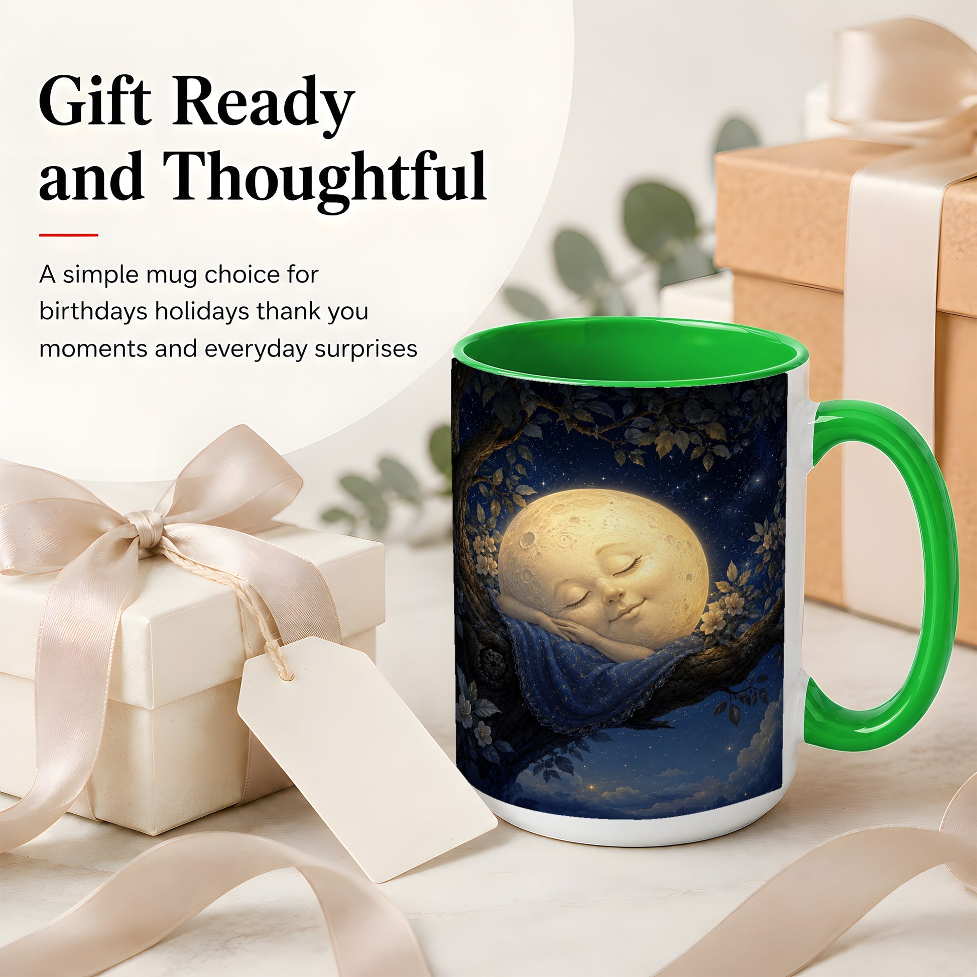 #pl[15oz|Green] Sleeping Moon Ceramic Mug, Dreamy Celestial Night Art