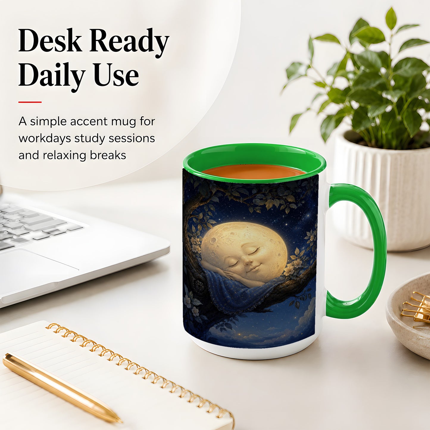 #pl[15oz|Green] Sleeping Moon Ceramic Mug, Dreamy Celestial Night Art