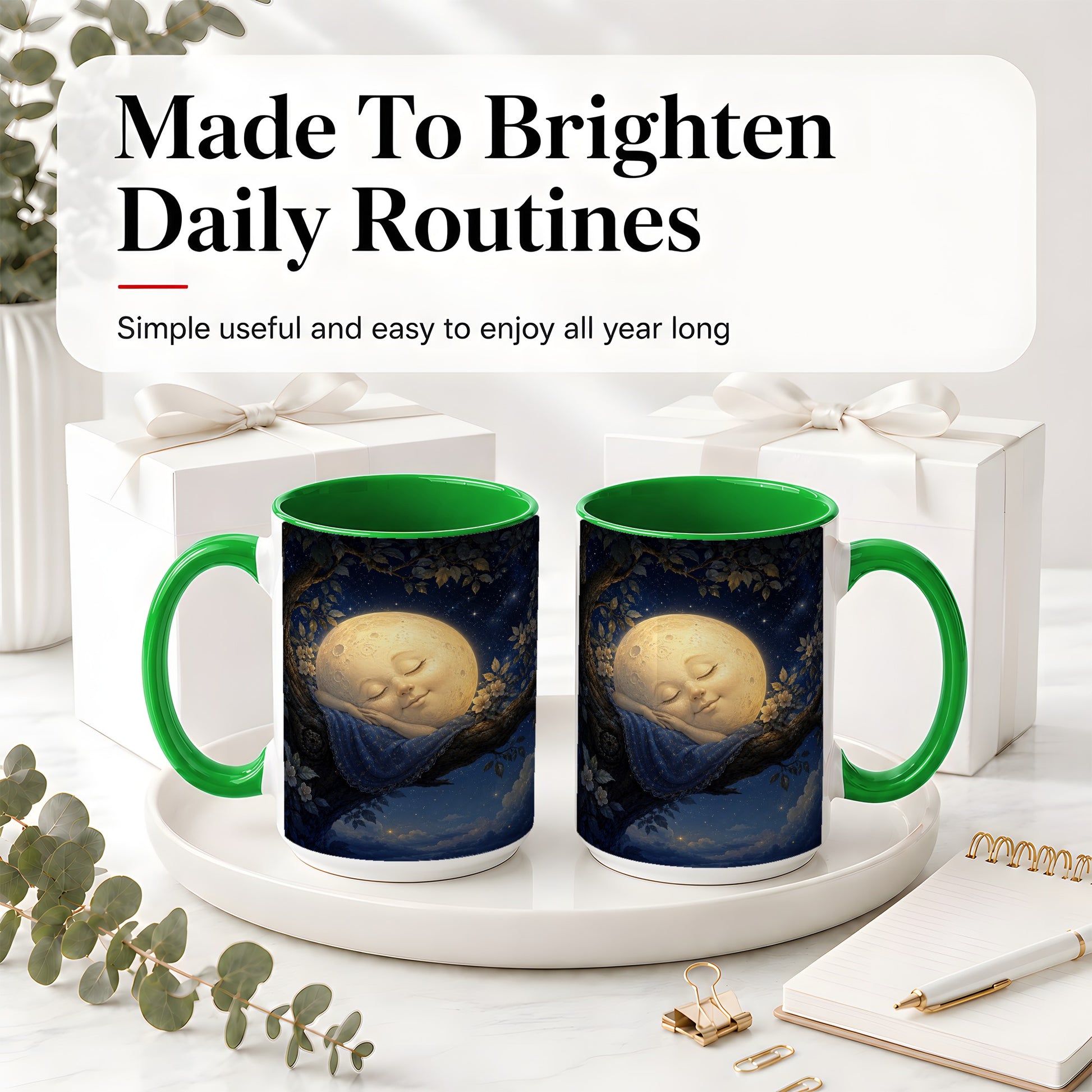 #pl[15oz|Green] Sleeping Moon Ceramic Mug, Dreamy Celestial Night Art