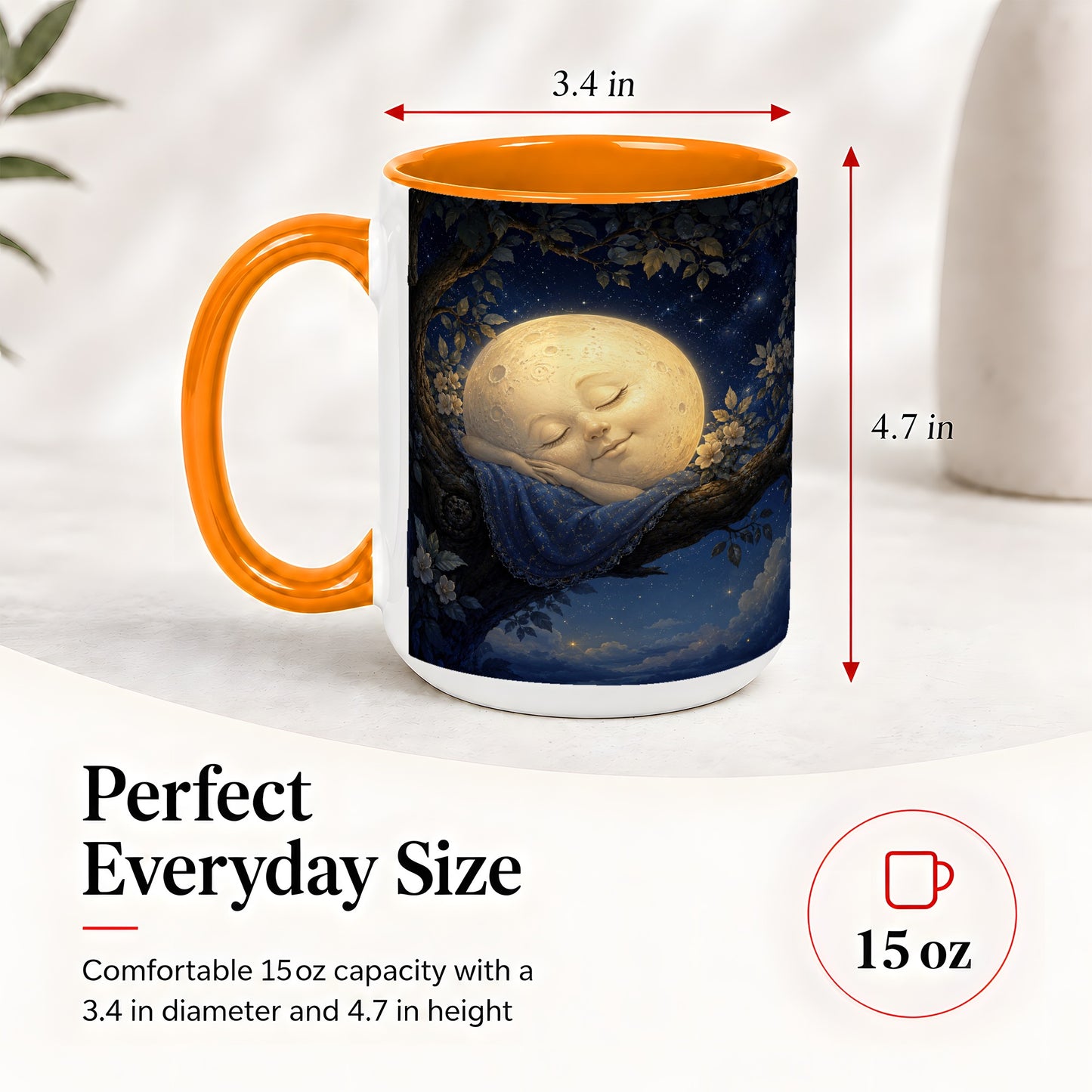 #pl[15oz|Orange] Sleeping Moon Ceramic Mug, Dreamy Celestial Night Art