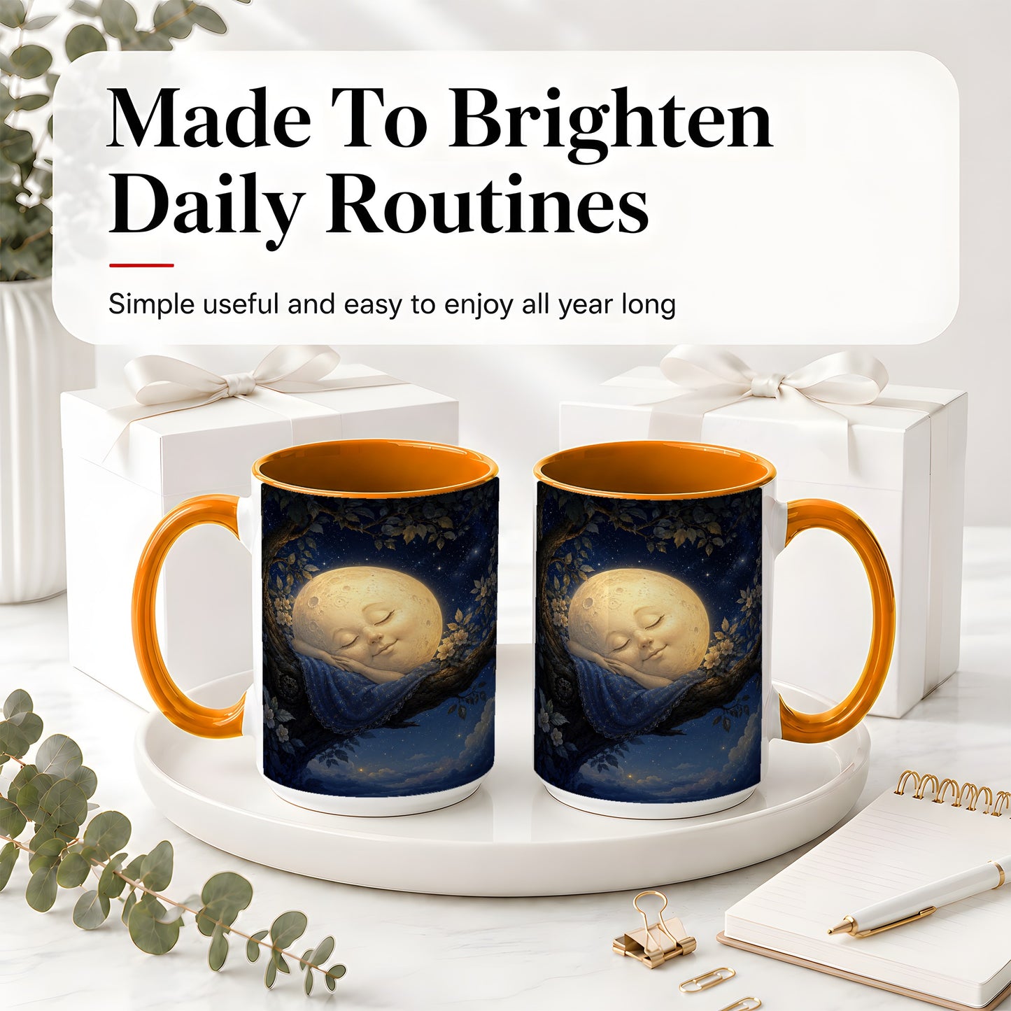#pl[15oz|Orange] Sleeping Moon Ceramic Mug, Dreamy Celestial Night Art