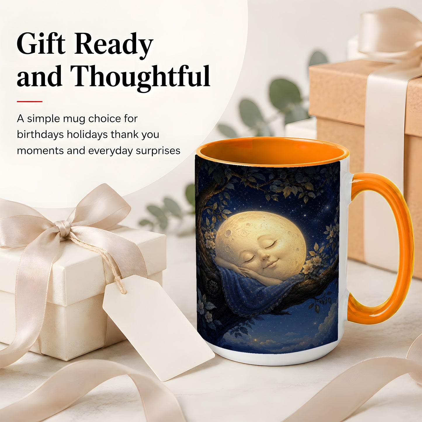 #pl[15oz|Orange] Sleeping Moon Ceramic Mug, Dreamy Celestial Night Art