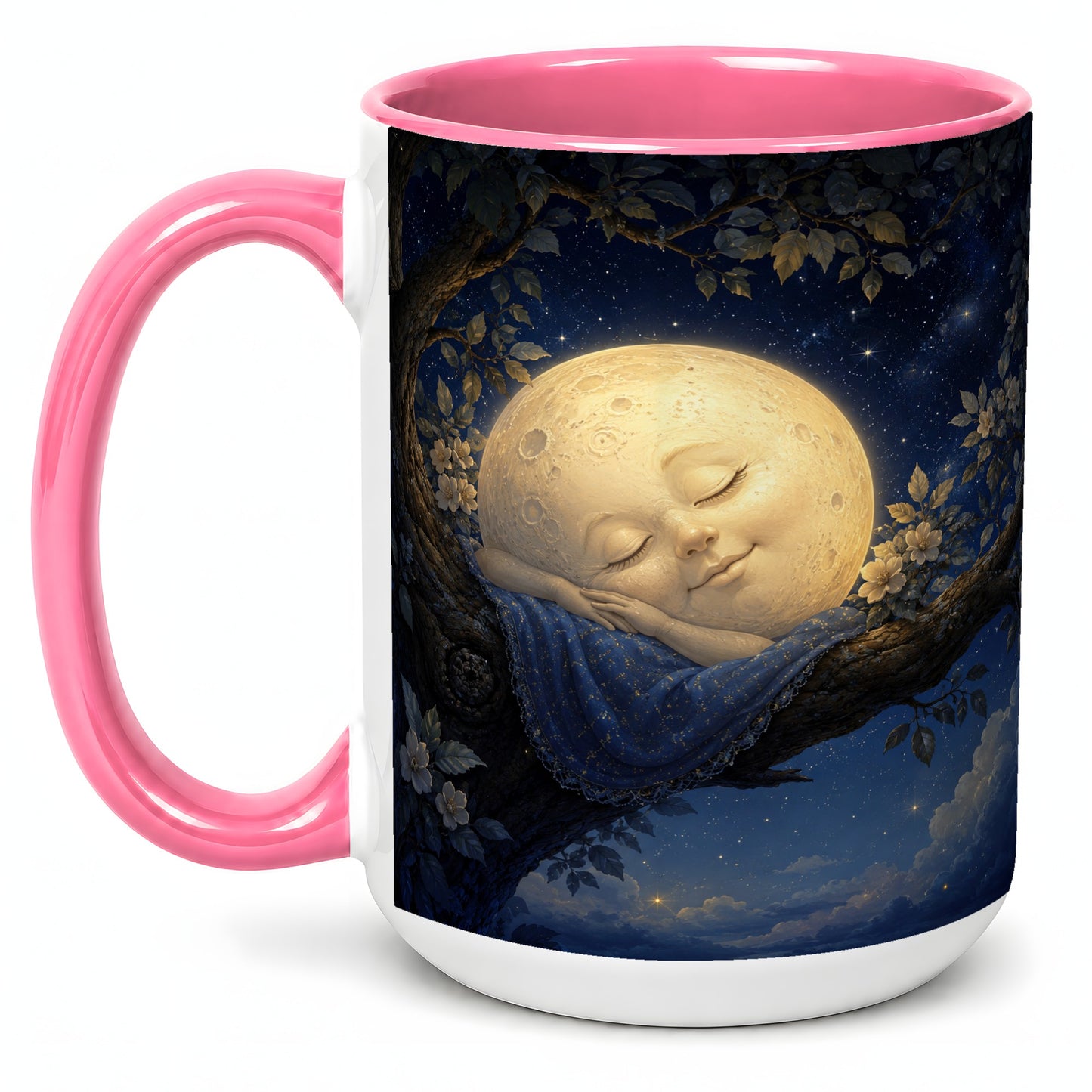 #pl[15oz|Pink] Sleeping Moon Ceramic Mug, Dreamy Celestial Night Art