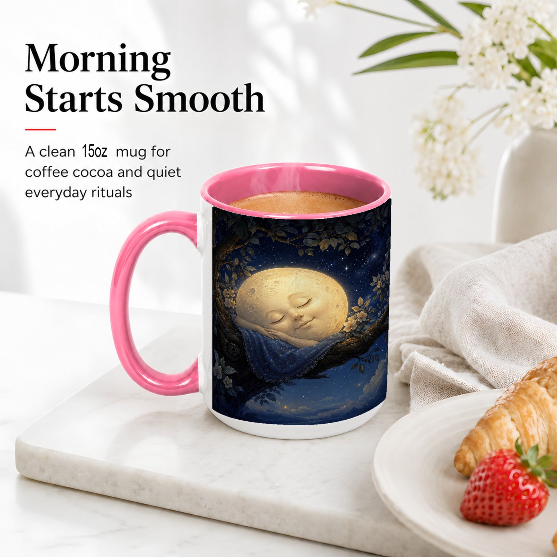 #pl[15oz|Pink] Sleeping Moon Ceramic Mug, Dreamy Celestial Night Art