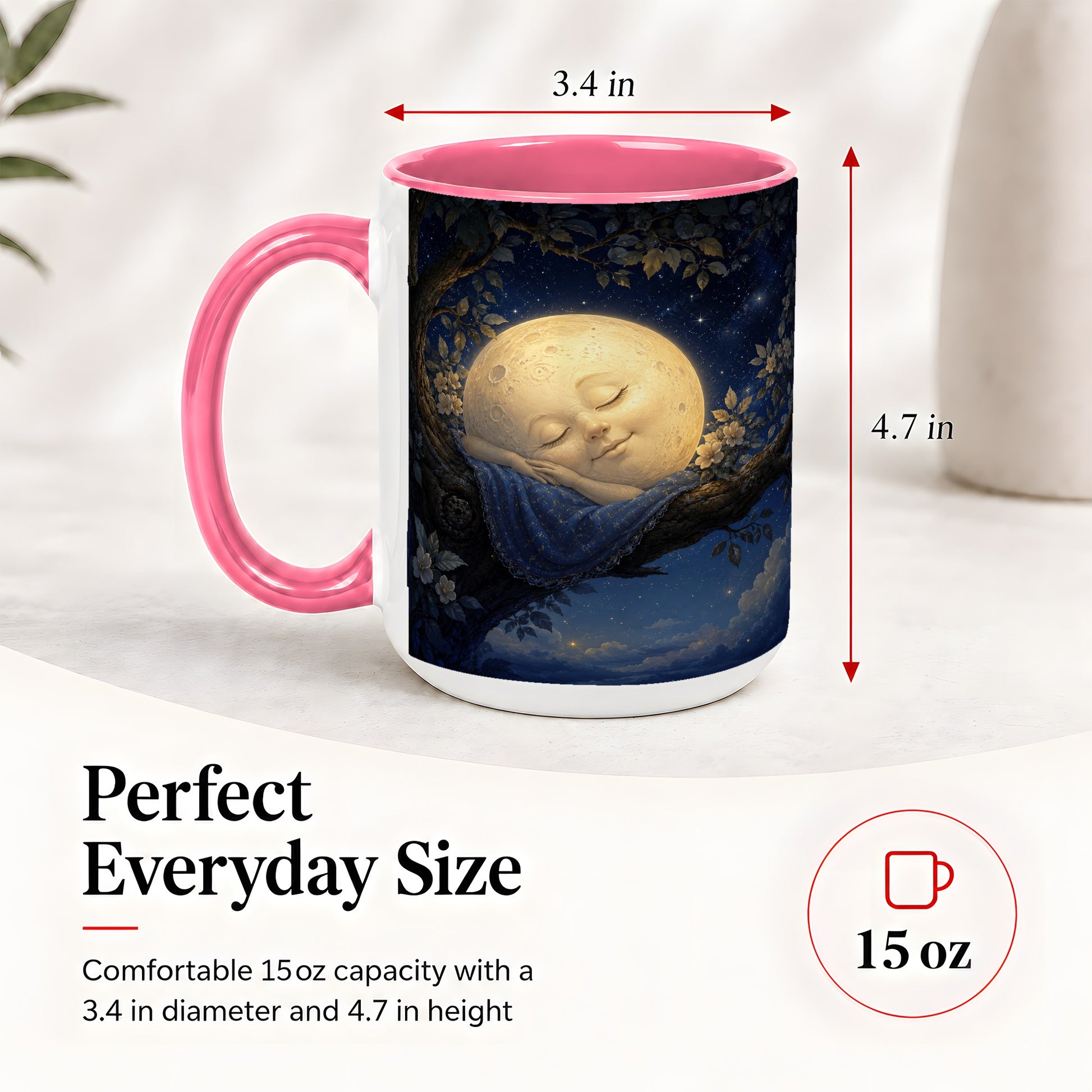 #pl[15oz|Pink] Sleeping Moon Ceramic Mug, Dreamy Celestial Night Art