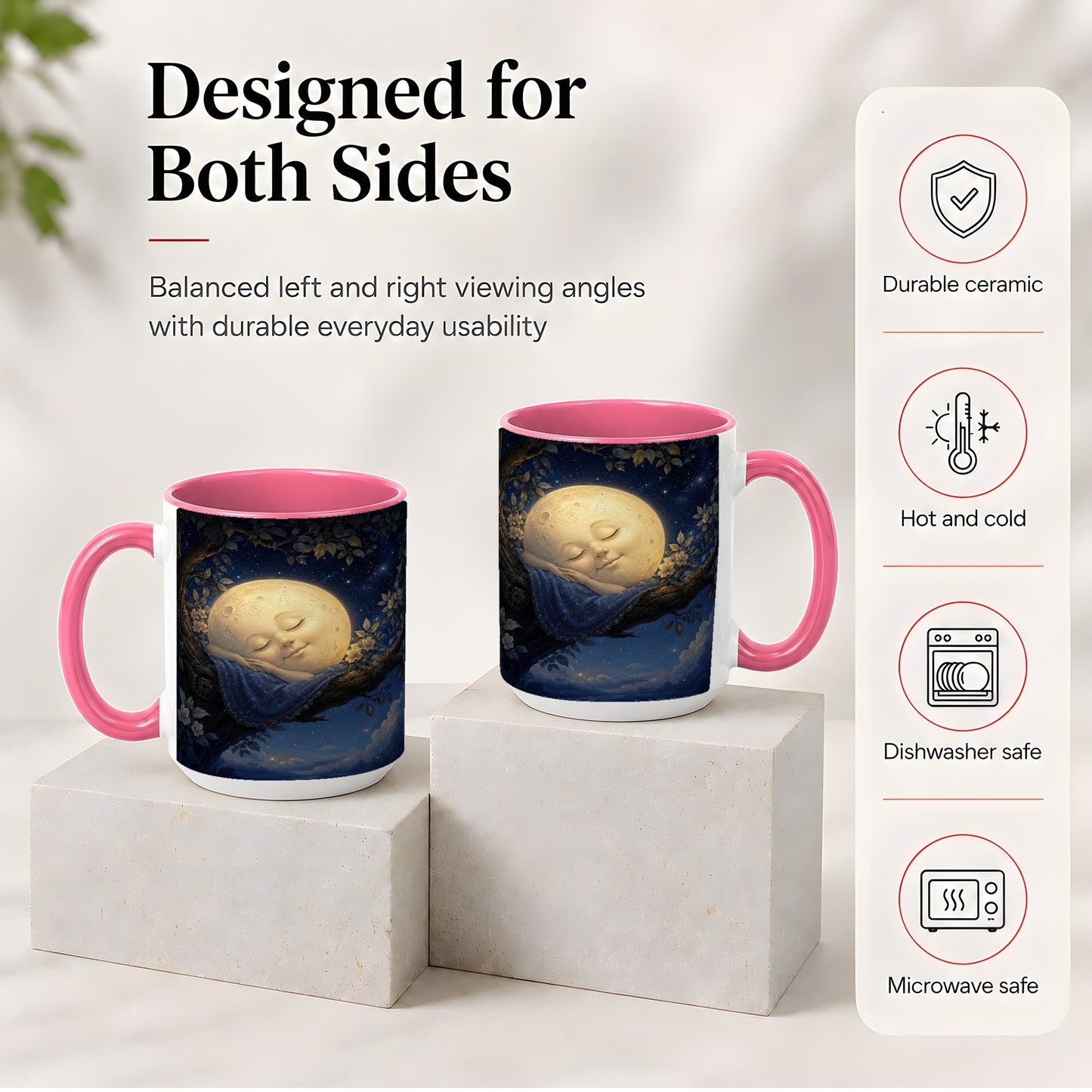 #pl[15oz|Pink] Sleeping Moon Ceramic Mug, Dreamy Celestial Night Art