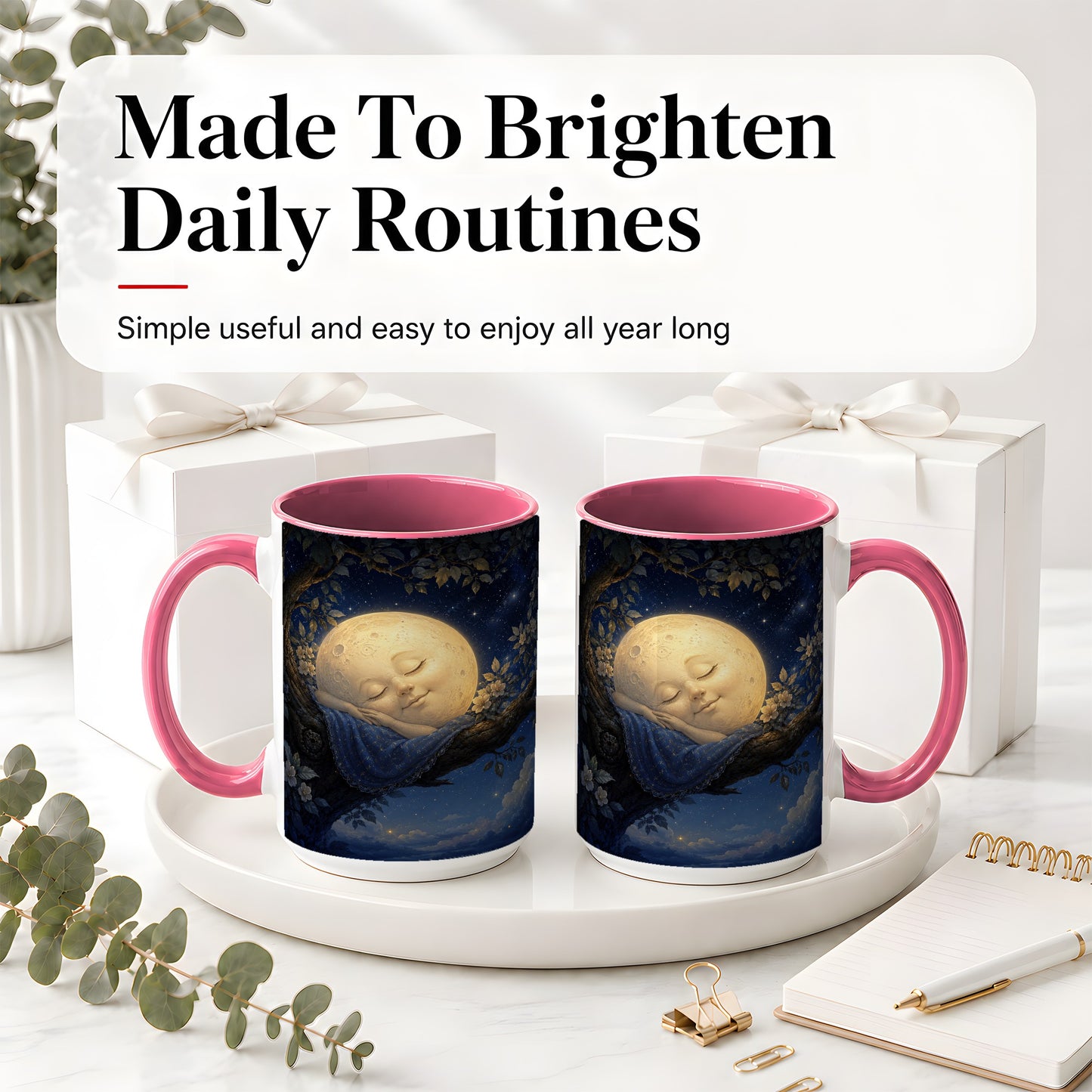 #pl[15oz|Pink] Sleeping Moon Ceramic Mug, Dreamy Celestial Night Art