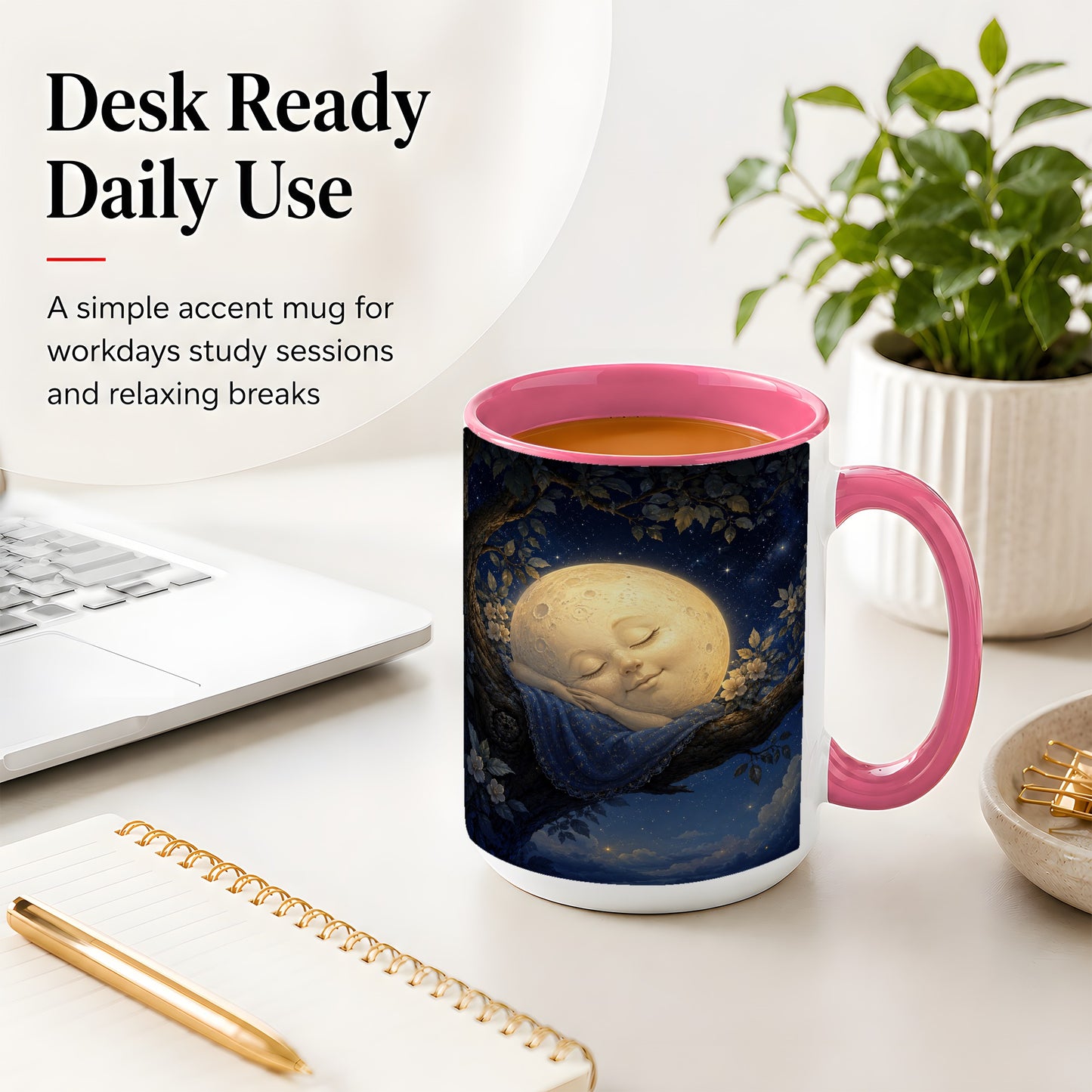 #pl[15oz|Pink] Sleeping Moon Ceramic Mug, Dreamy Celestial Night Art