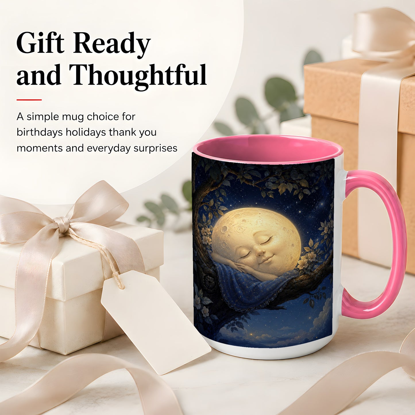 #pl[15oz|Pink] Sleeping Moon Ceramic Mug, Dreamy Celestial Night Art