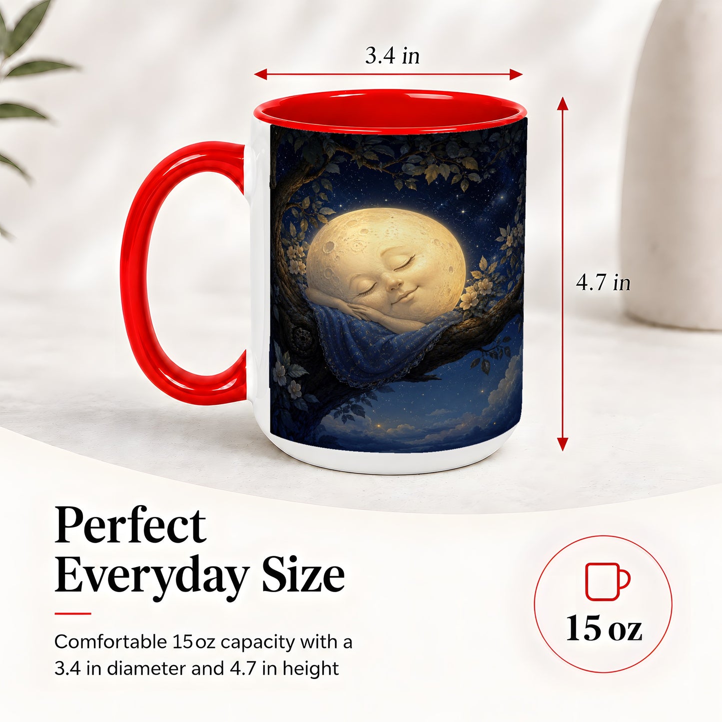 #pl[15oz|Red] Sleeping Moon Ceramic Mug, Dreamy Celestial Night Art