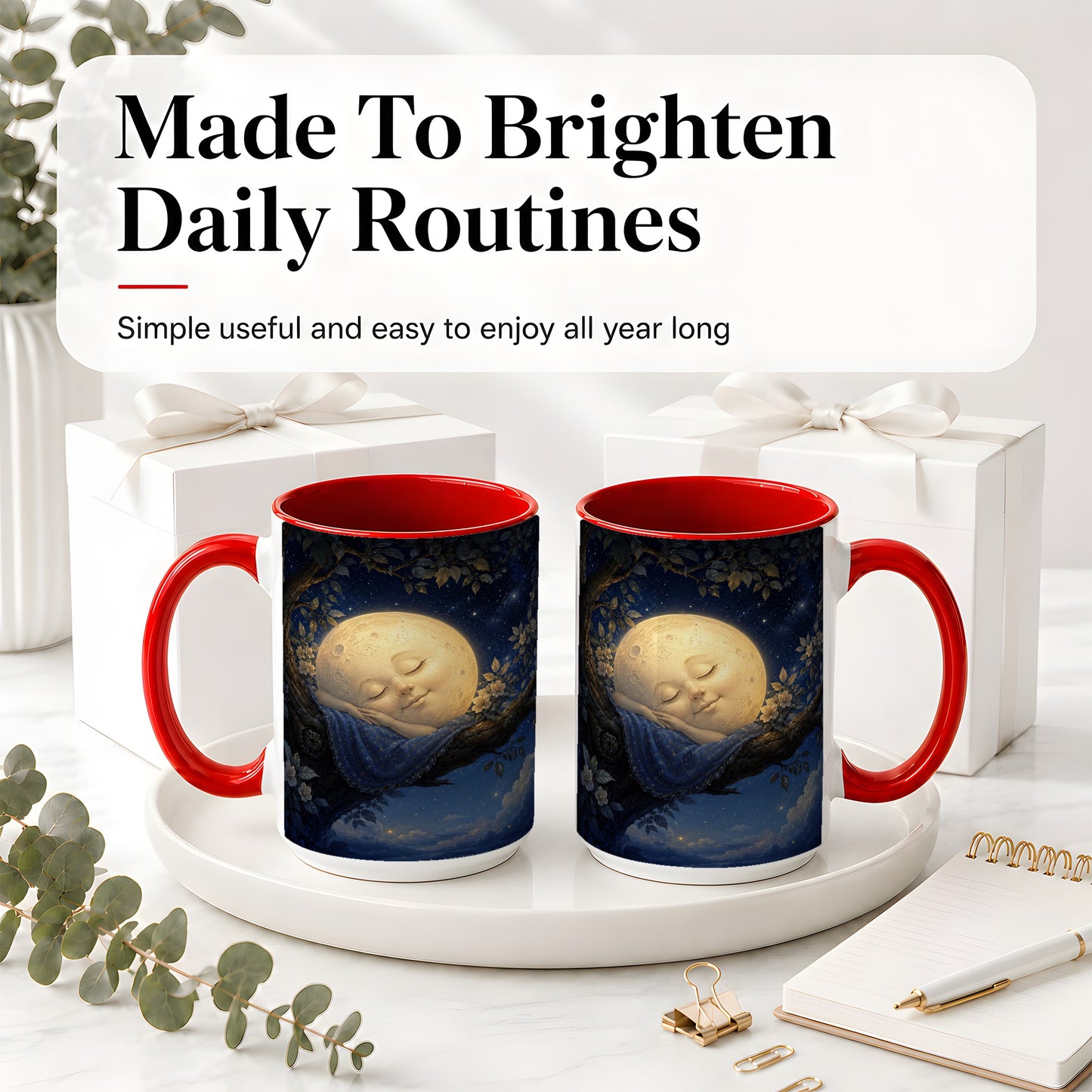 #pl[15oz|Red] Sleeping Moon Ceramic Mug, Dreamy Celestial Night Art