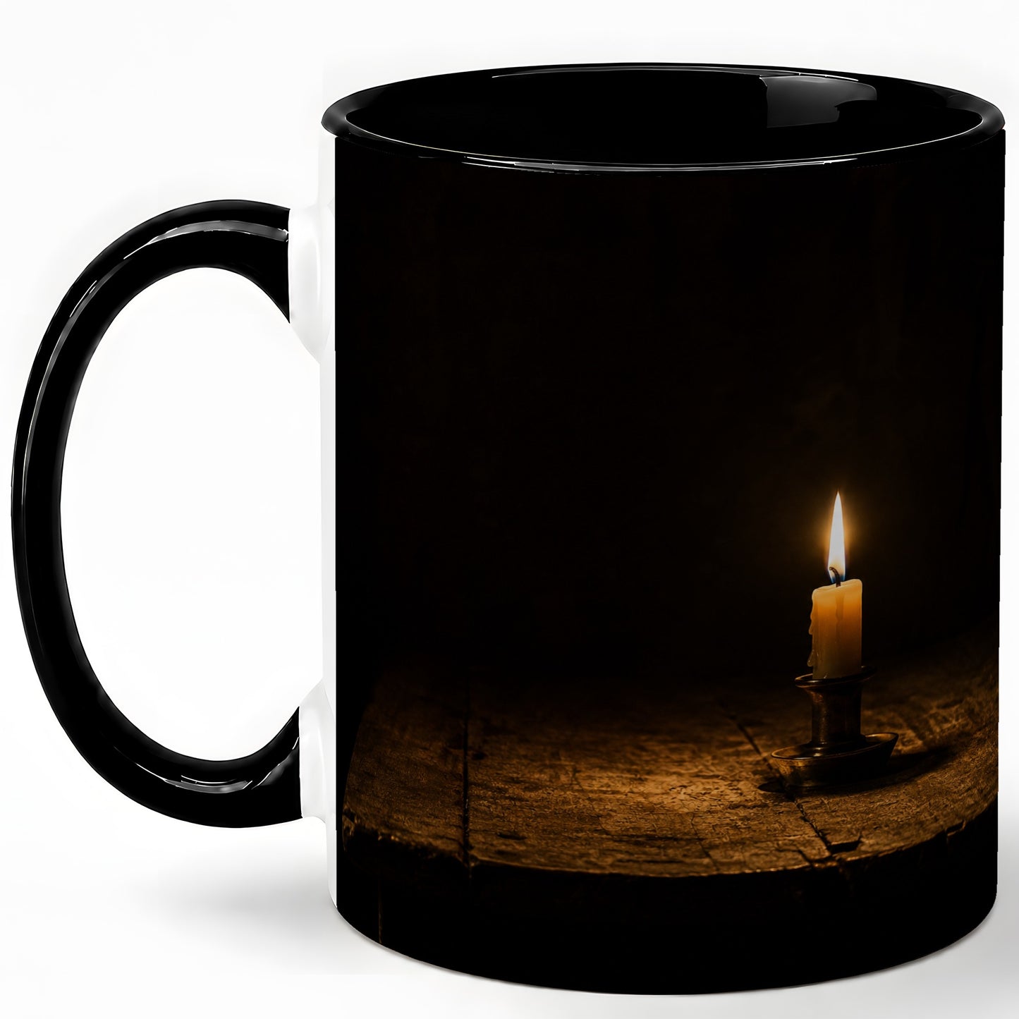 #pl[11oz|Black] Candlelight Ceramic Mug, Dark Cozy Night Still Life Art