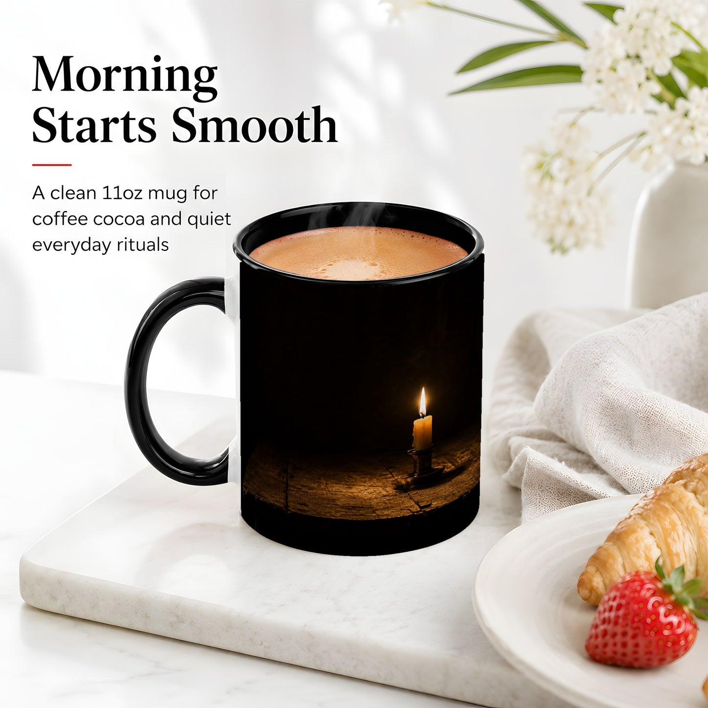 #pl[11oz|Black] Candlelight Ceramic Mug, Dark Cozy Night Still Life Art