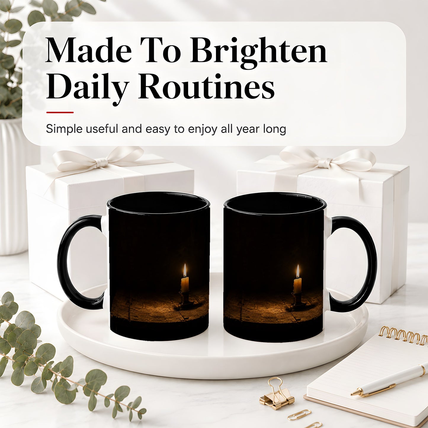 #pl[11oz|Black] Candlelight Ceramic Mug, Dark Cozy Night Still Life Art