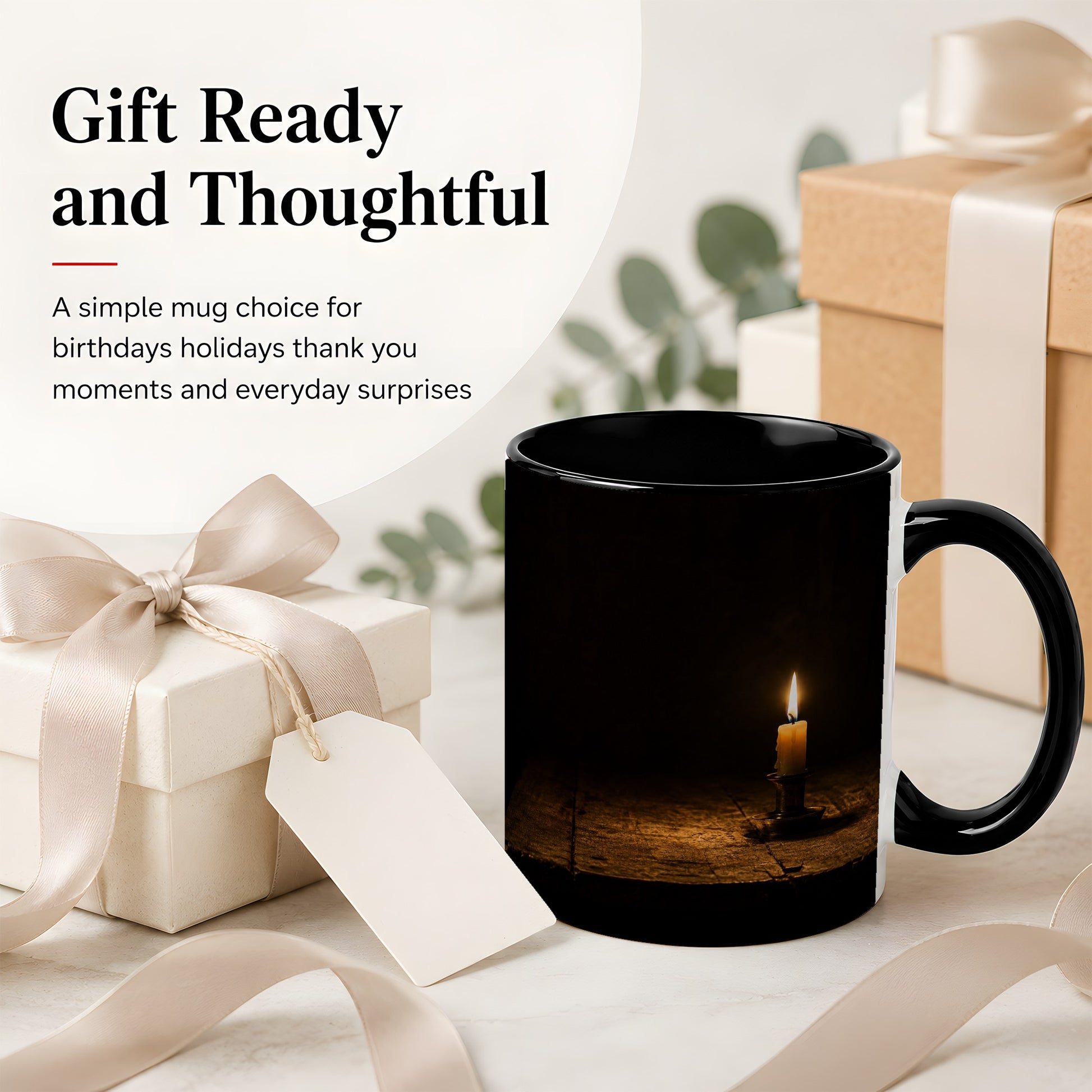 #pl[11oz|Black] Candlelight Ceramic Mug, Dark Cozy Night Still Life Art
