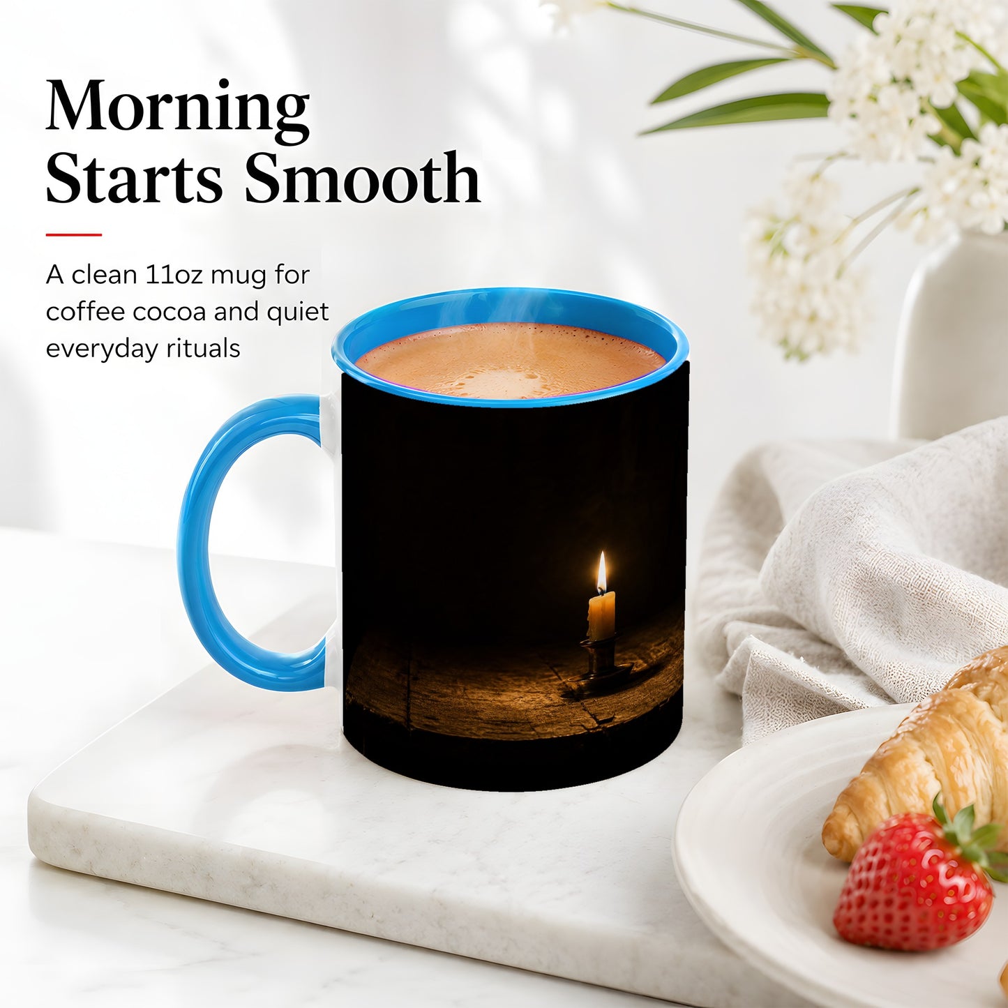 #pl[11oz|Blue] Candlelight Ceramic Mug, Dark Cozy Night Still Life Art
