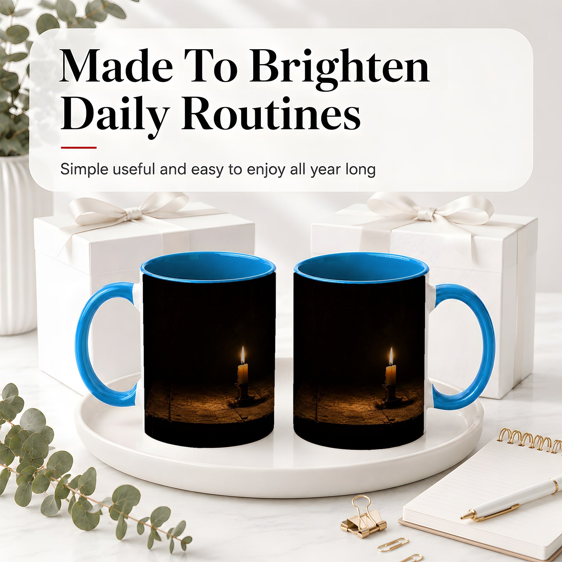 #pl[11oz|Blue] Candlelight Ceramic Mug, Dark Cozy Night Still Life Art