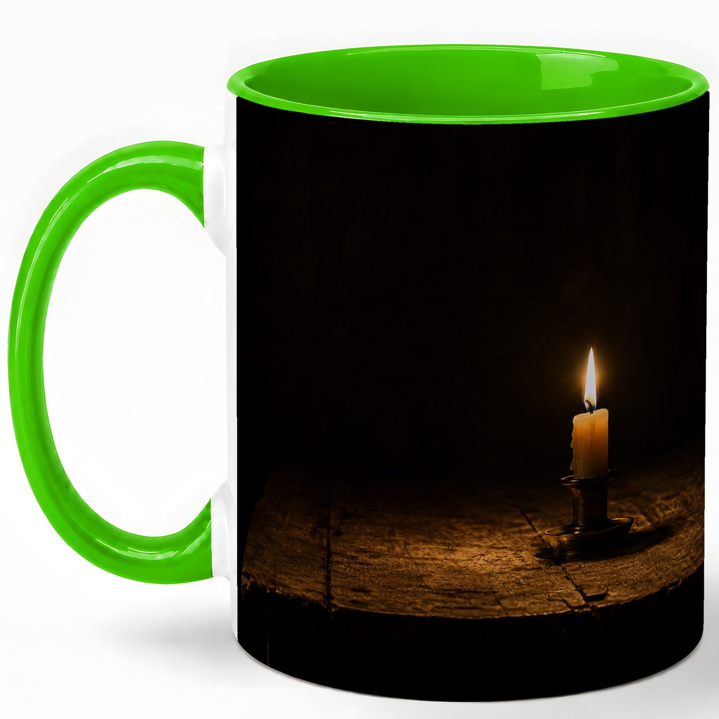 #pl[11oz|Green] Candlelight Ceramic Mug, Dark Cozy Night Still Life Art
