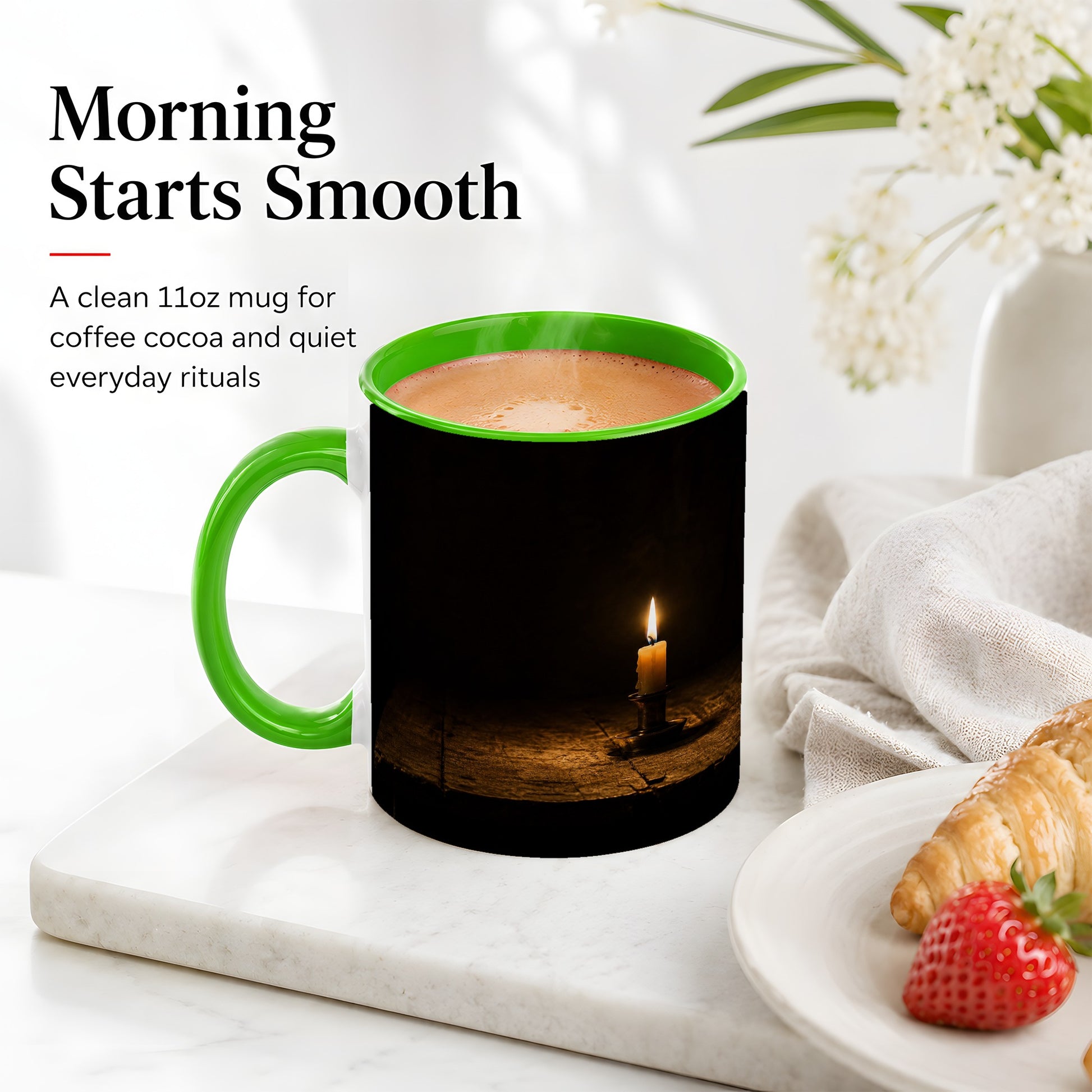 #pl[11oz|Green] Candlelight Ceramic Mug, Dark Cozy Night Still Life Art