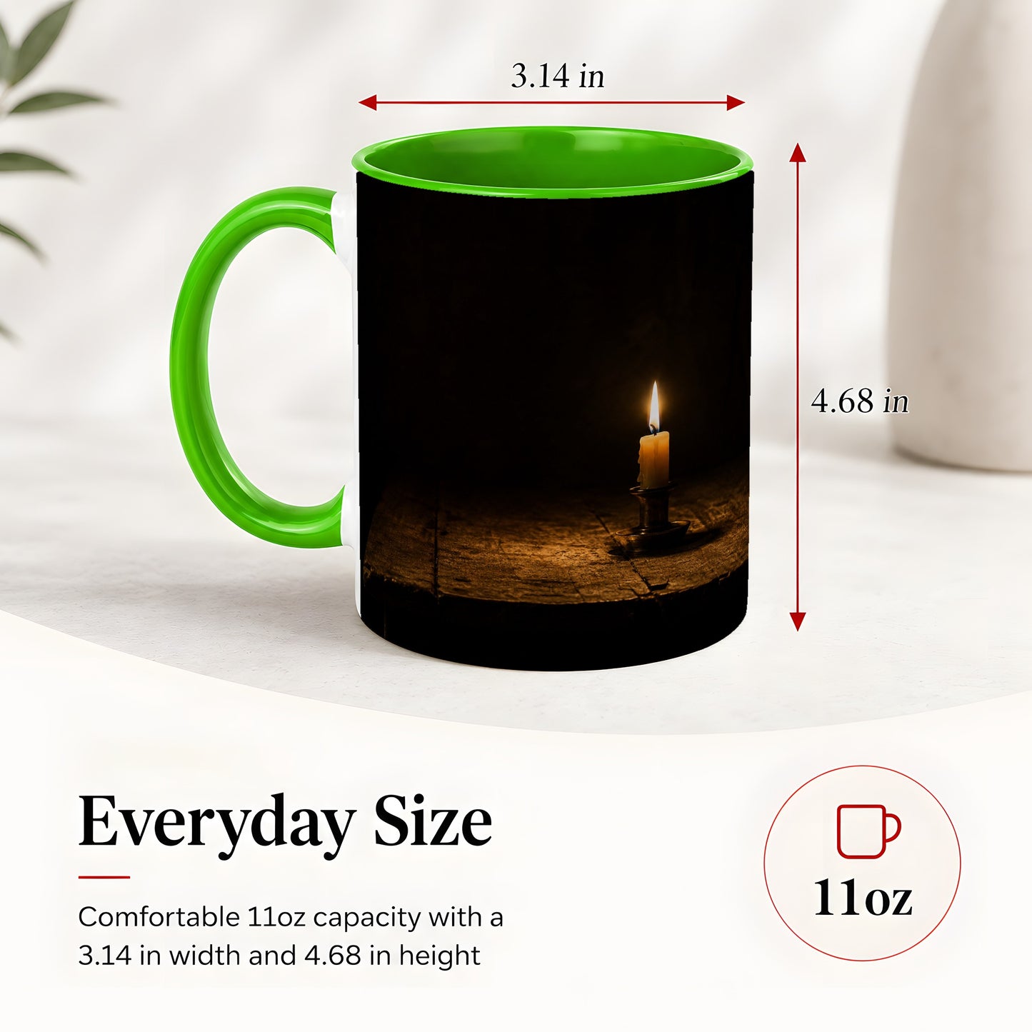 #pl[11oz|Green] Candlelight Ceramic Mug, Dark Cozy Night Still Life Art