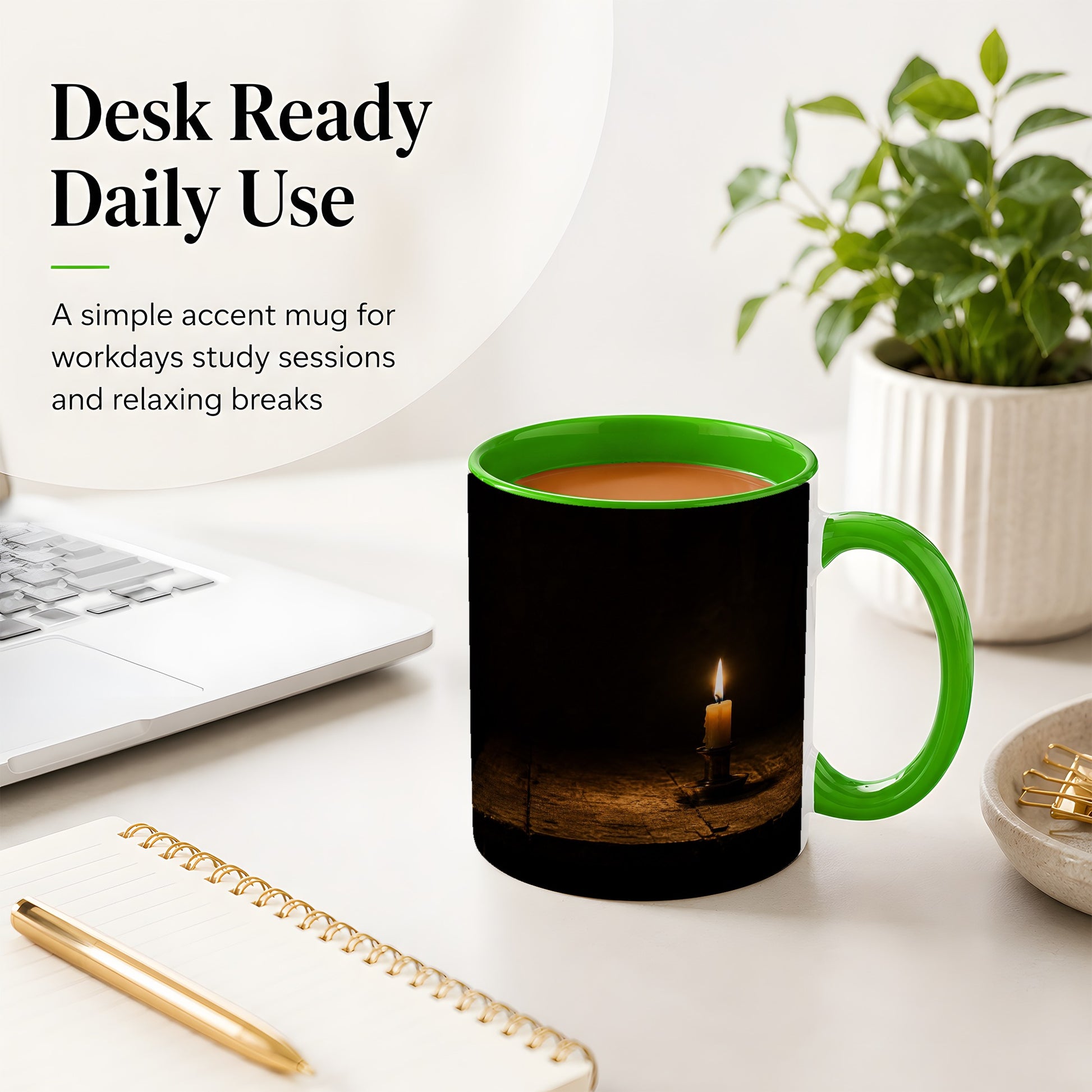 #pl[11oz|Green] Candlelight Ceramic Mug, Dark Cozy Night Still Life Art