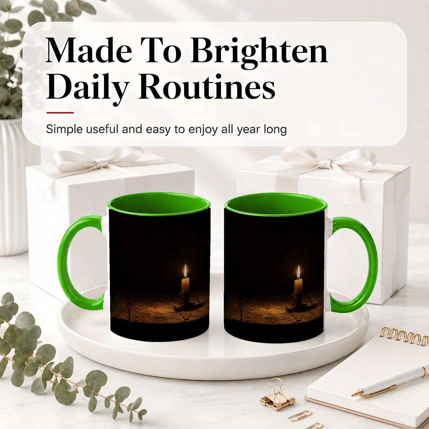 #pl[11oz|Green] Candlelight Ceramic Mug, Dark Cozy Night Still Life Art