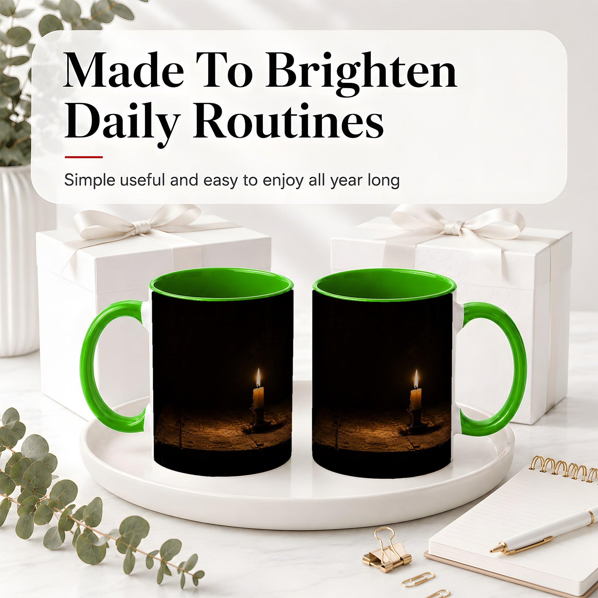 #pl[11oz|Green] Candlelight Ceramic Mug, Dark Cozy Night Still Life Art