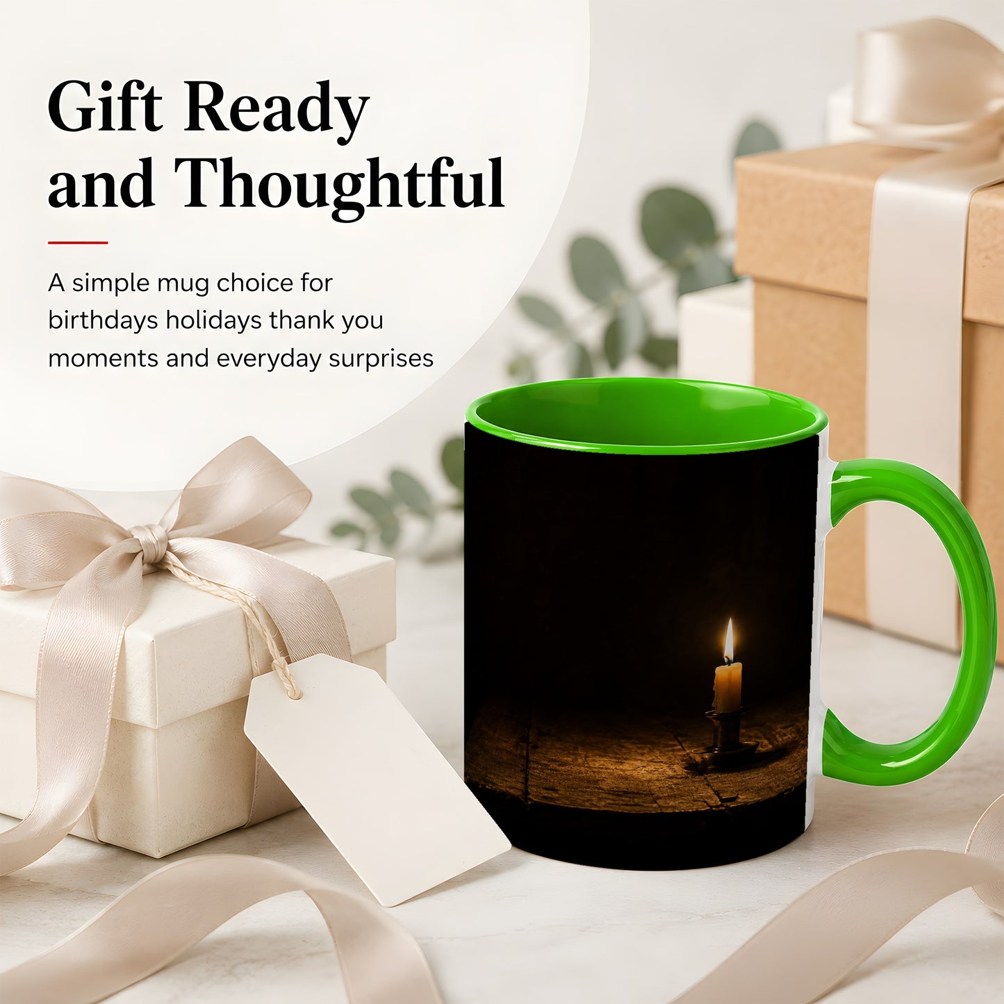 #pl[11oz|Green] Candlelight Ceramic Mug, Dark Cozy Night Still Life Art