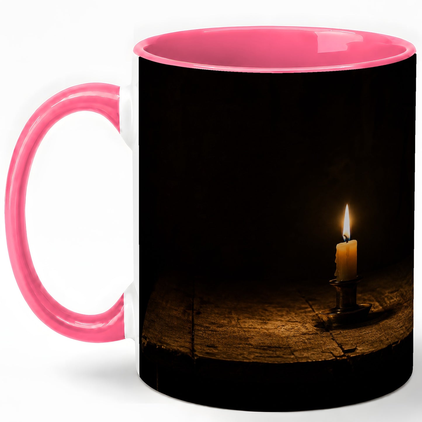 #pl[11oz|Pink] Candlelight Ceramic Mug, Dark Cozy Night Still Life Art
