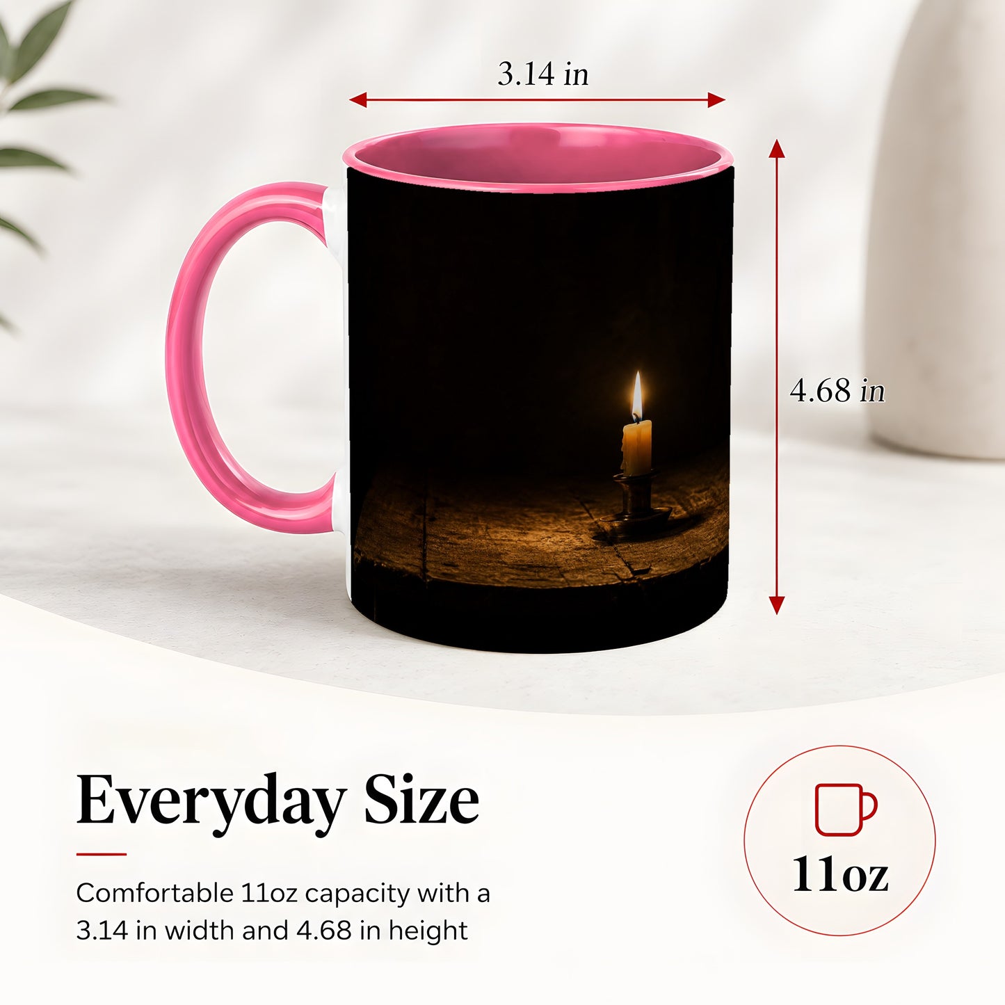 #pl[11oz|Pink] Candlelight Ceramic Mug, Dark Cozy Night Still Life Art