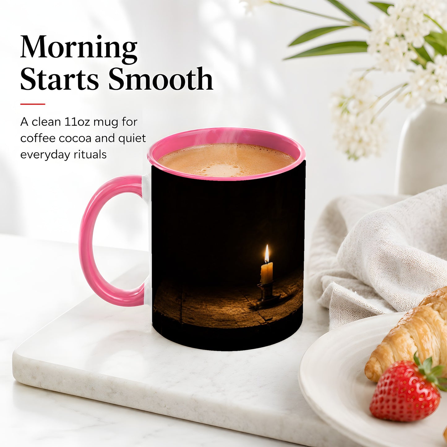 #pl[11oz|Pink] Candlelight Ceramic Mug, Dark Cozy Night Still Life Art