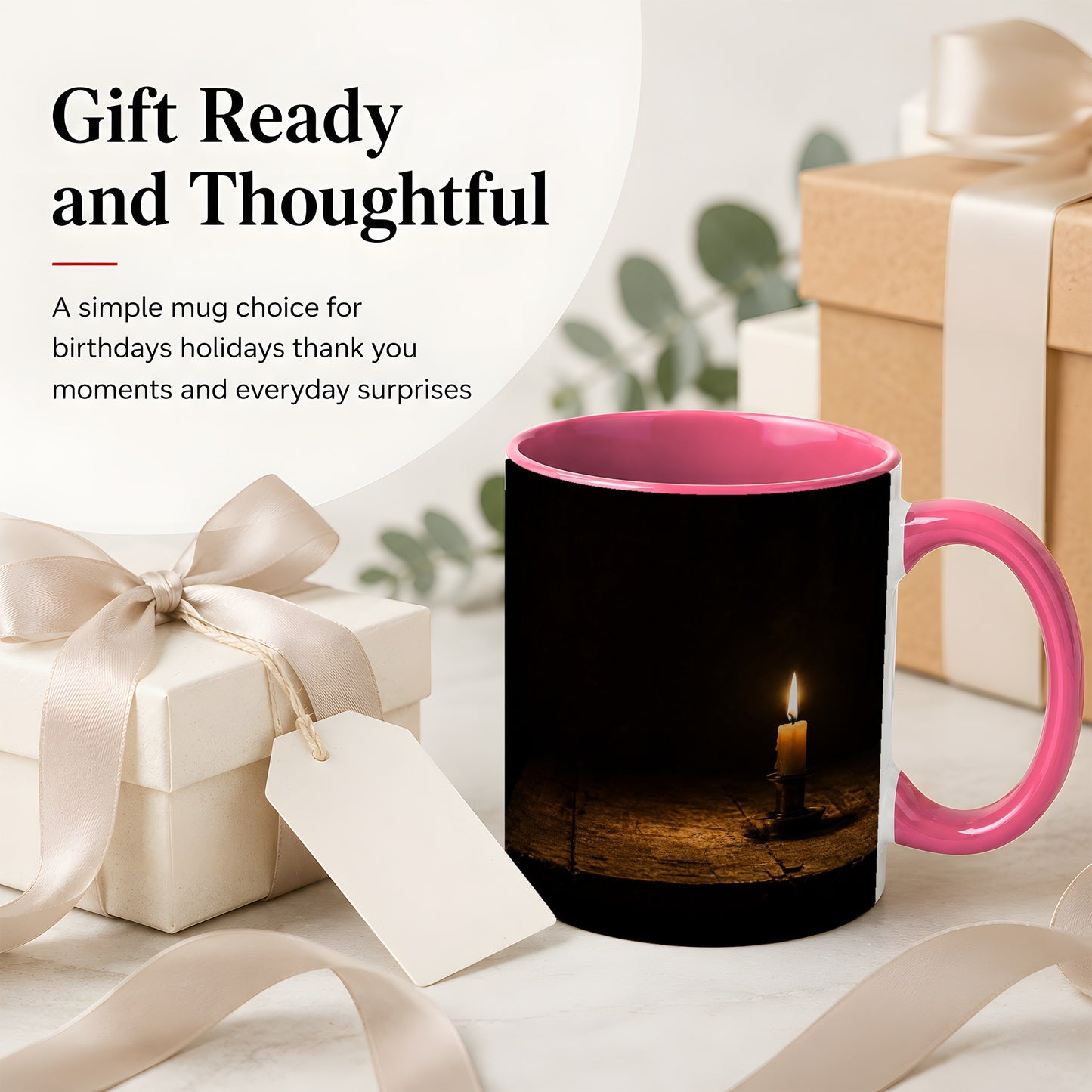 #pl[11oz|Pink] Candlelight Ceramic Mug, Dark Cozy Night Still Life Art
