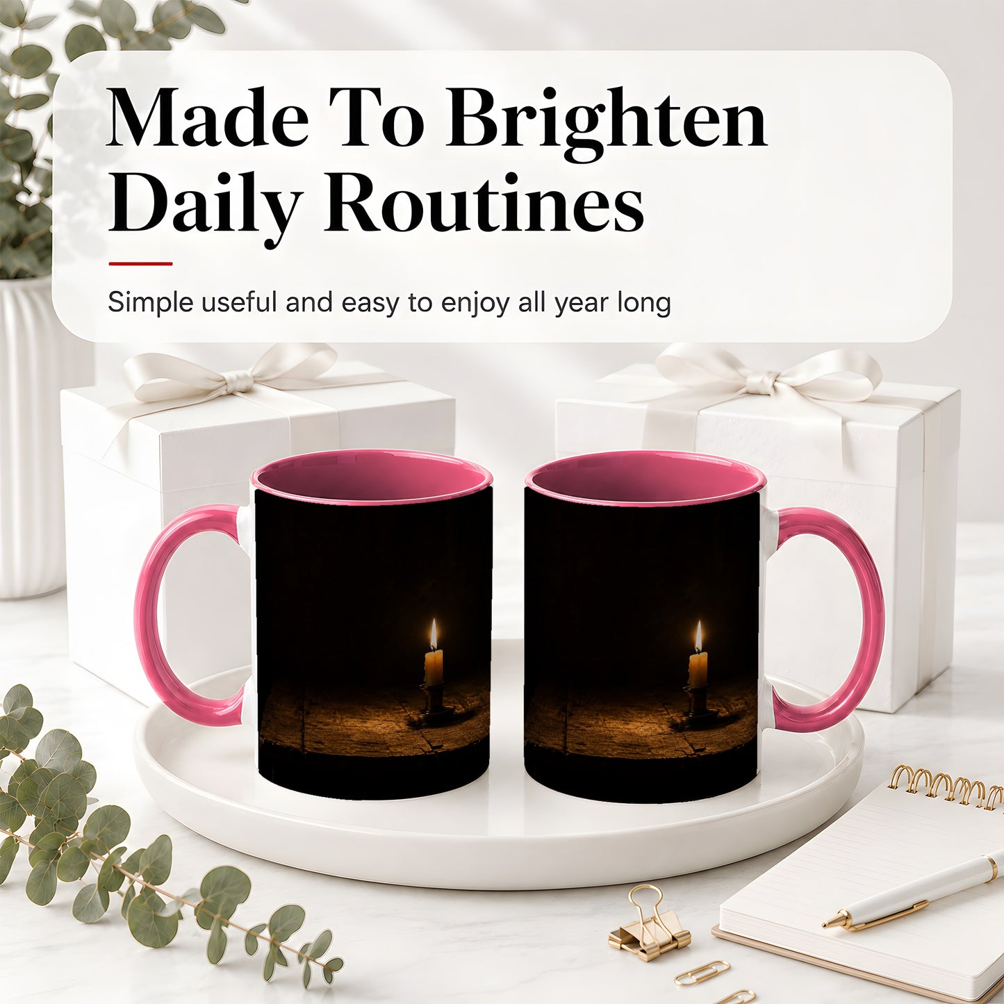 #pl[11oz|Pink] Candlelight Ceramic Mug, Dark Cozy Night Still Life Art