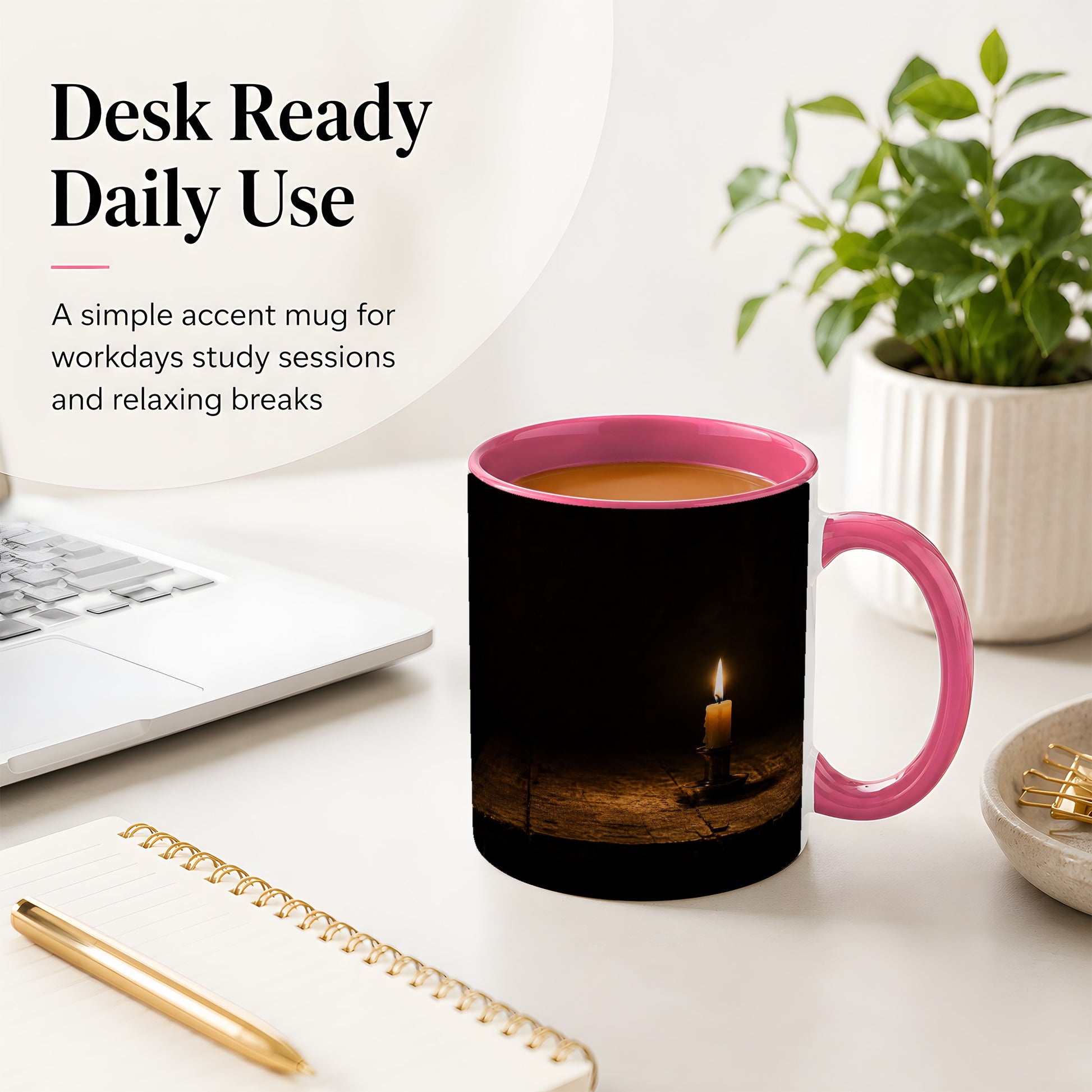 #pl[11oz|Pink] Candlelight Ceramic Mug, Dark Cozy Night Still Life Art