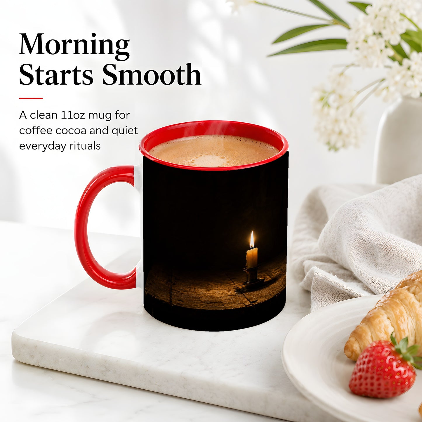 #pl[11oz|Red] Candlelight Ceramic Mug, Dark Cozy Night Still Life Art