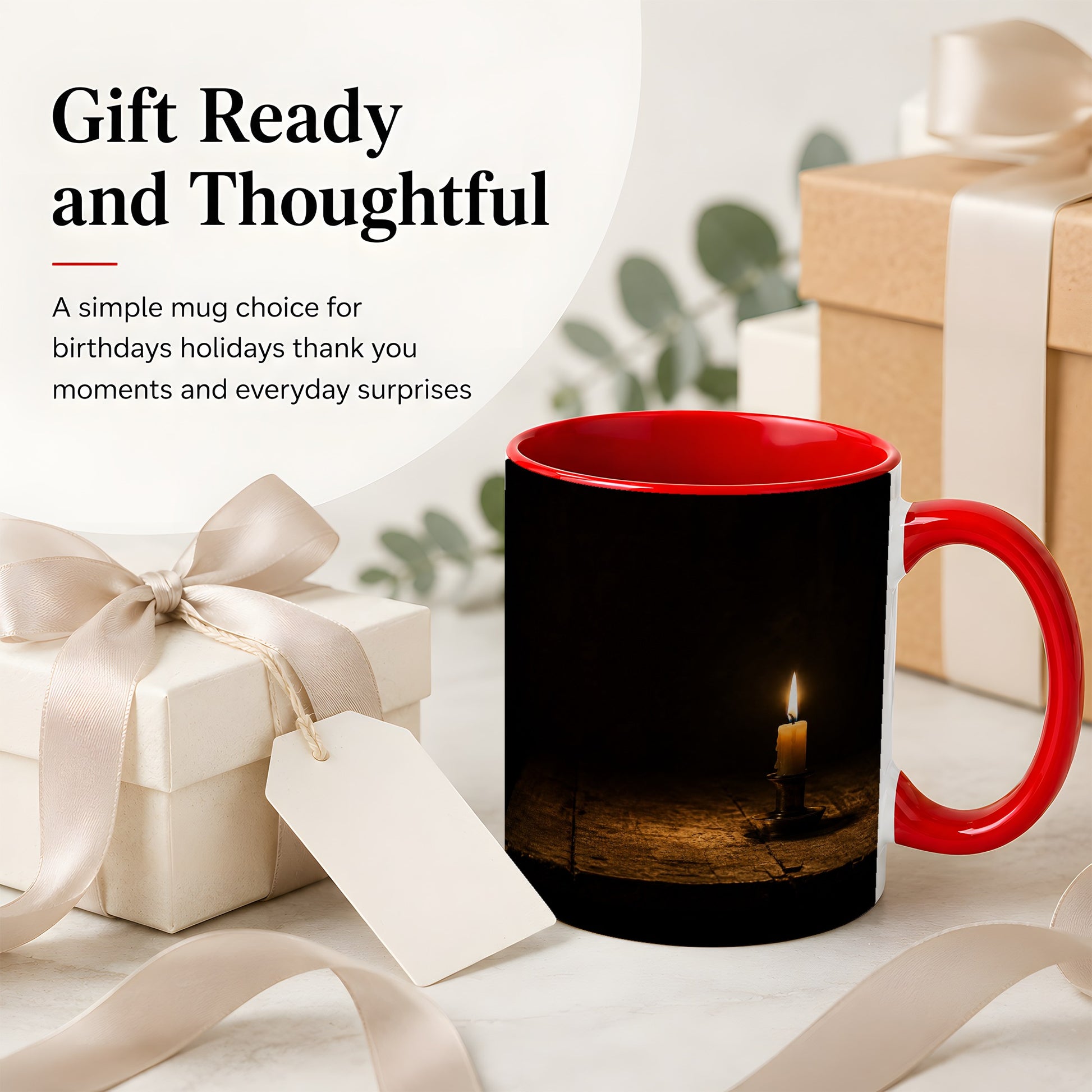 #pl[11oz|Red] Candlelight Ceramic Mug, Dark Cozy Night Still Life Art
