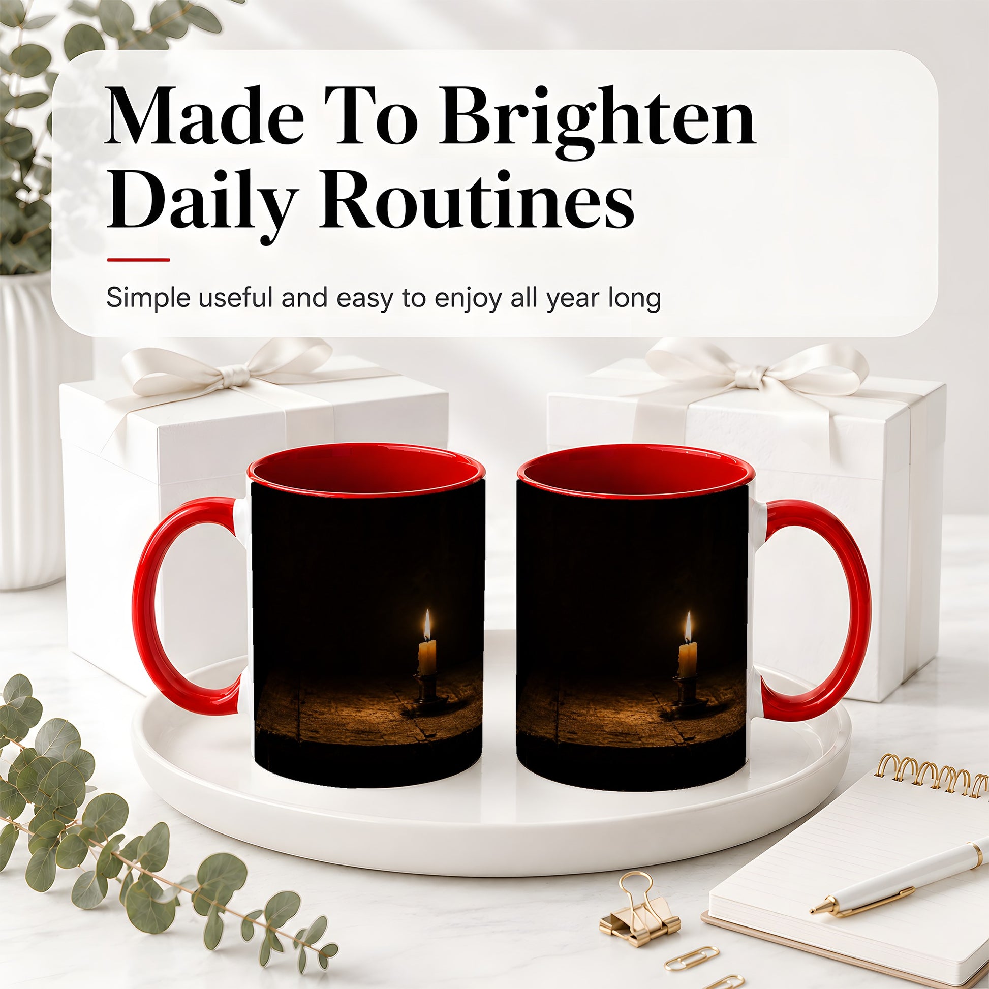 #pl[11oz|Red] Candlelight Ceramic Mug, Dark Cozy Night Still Life Art