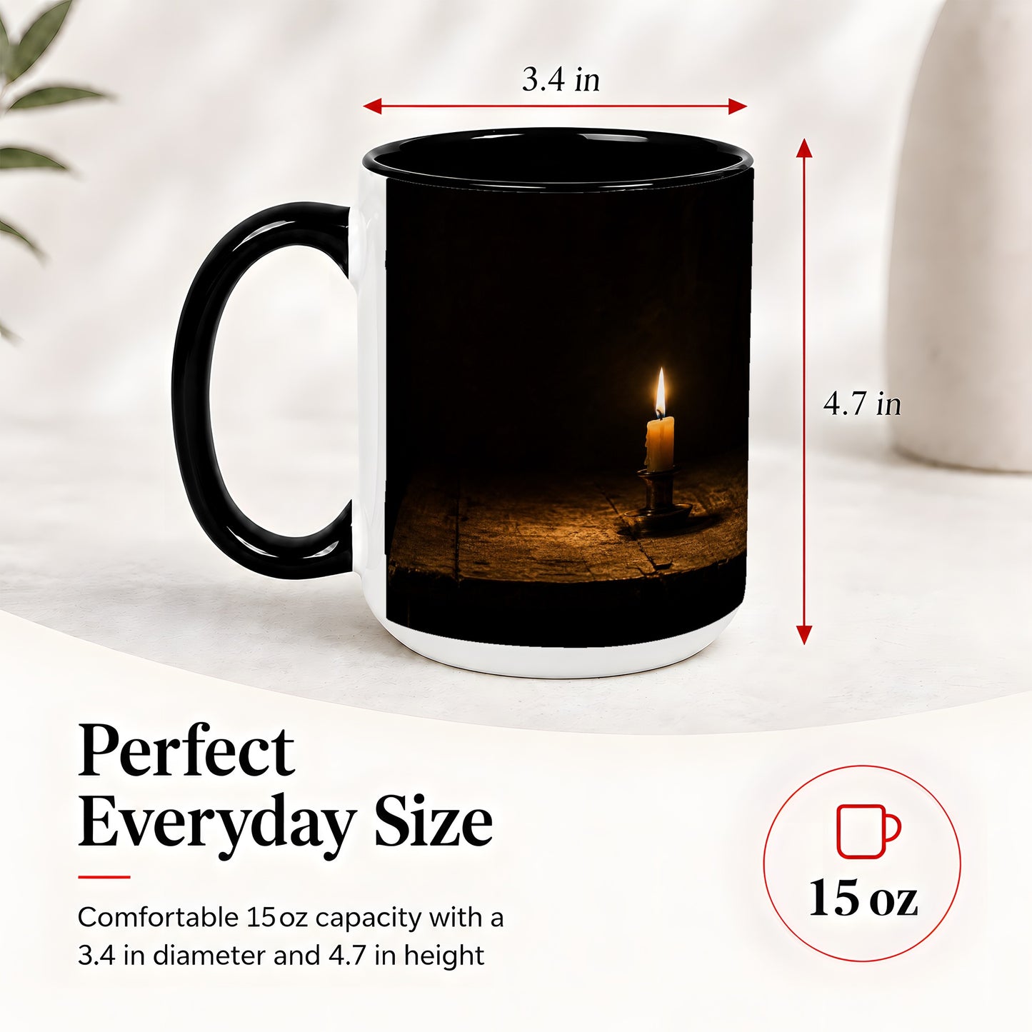 #pl[15oz|Black] Candlelight Ceramic Mug, Dark Cozy Night Still Life Art
