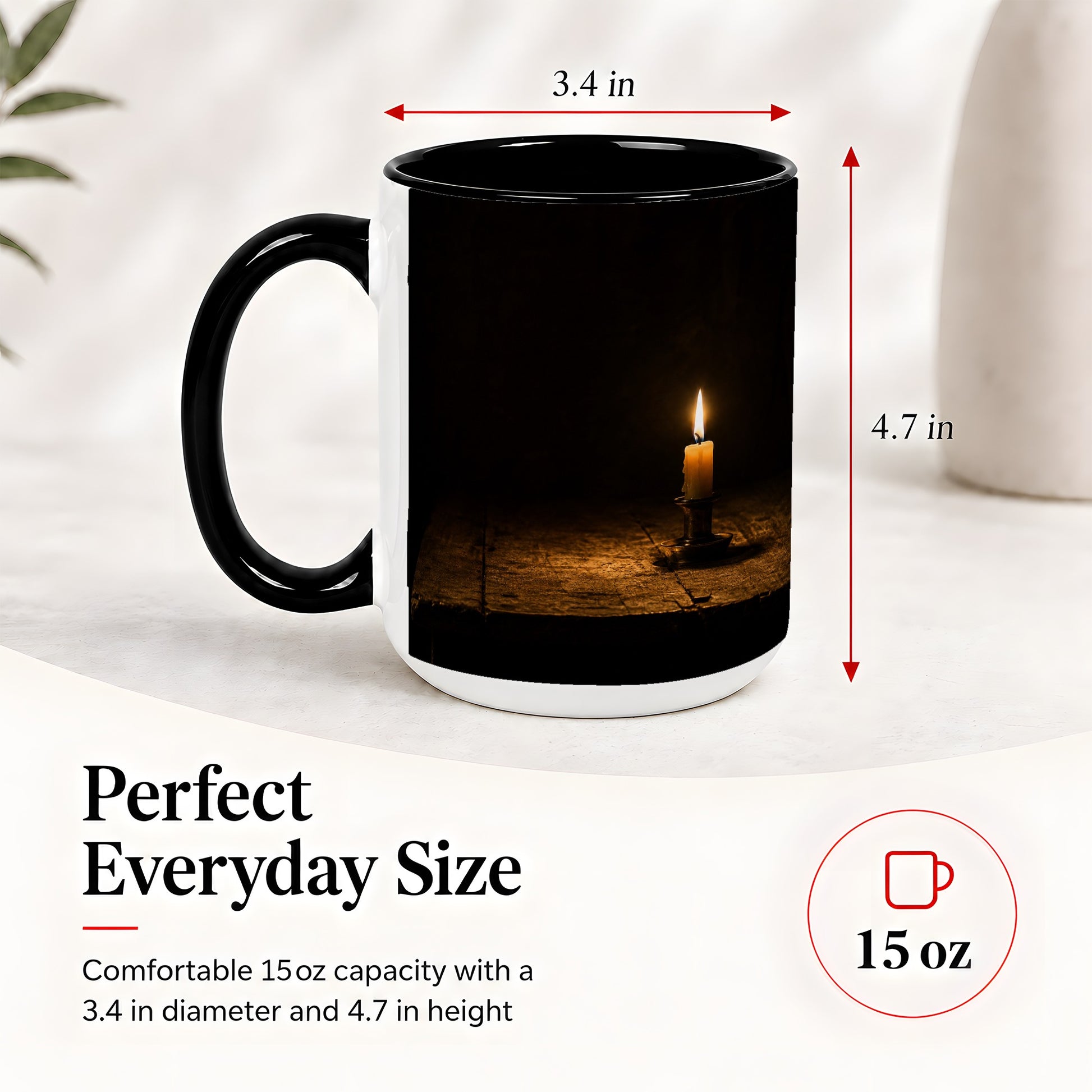 #pl[15oz|Black] Candlelight Ceramic Mug, Dark Cozy Night Still Life Art