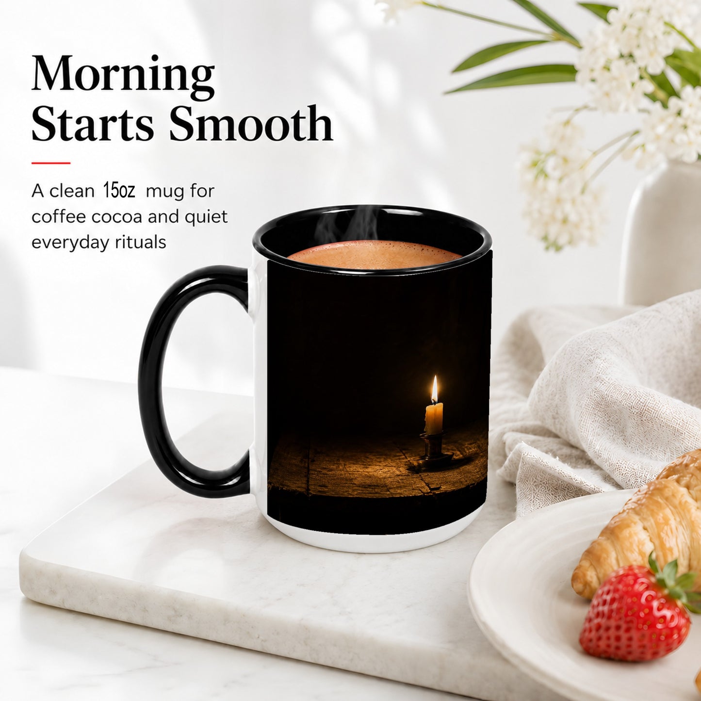 #pl[15oz|Black] Candlelight Ceramic Mug, Dark Cozy Night Still Life Art