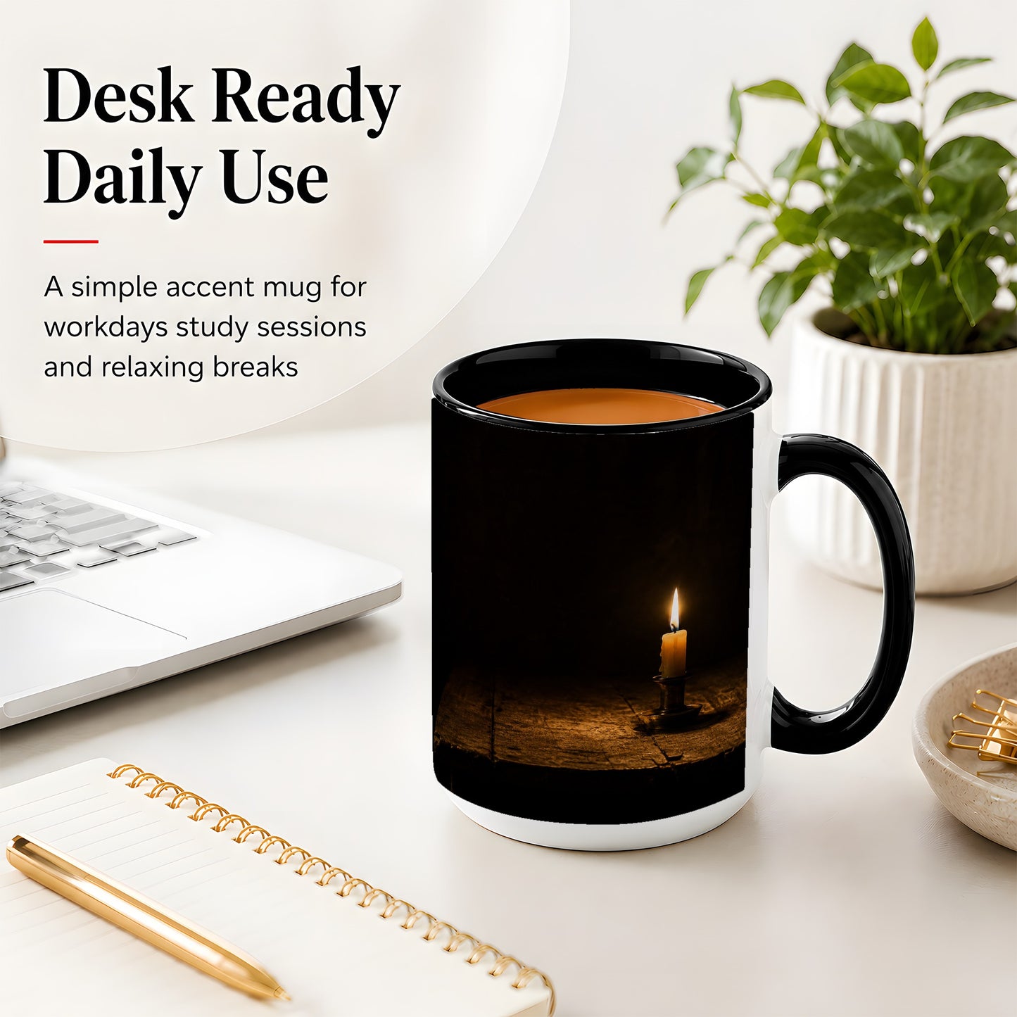 #pl[15oz|Black] Candlelight Ceramic Mug, Dark Cozy Night Still Life Art