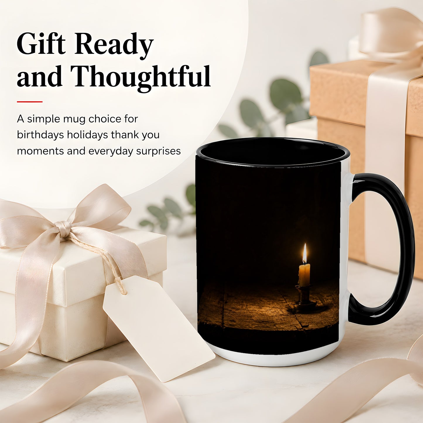 #pl[15oz|Black] Candlelight Ceramic Mug, Dark Cozy Night Still Life Art