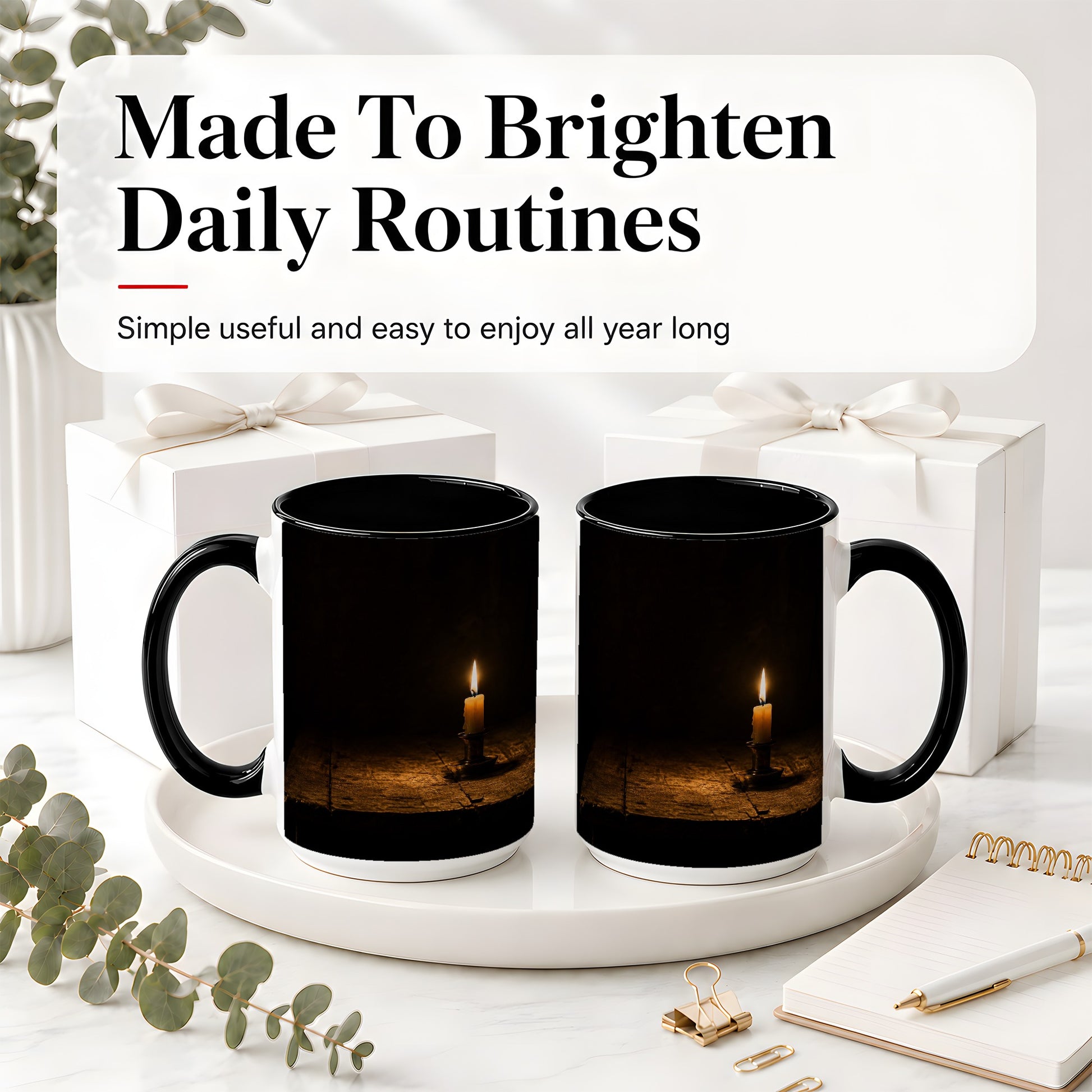 #pl[15oz|Black] Candlelight Ceramic Mug, Dark Cozy Night Still Life Art
