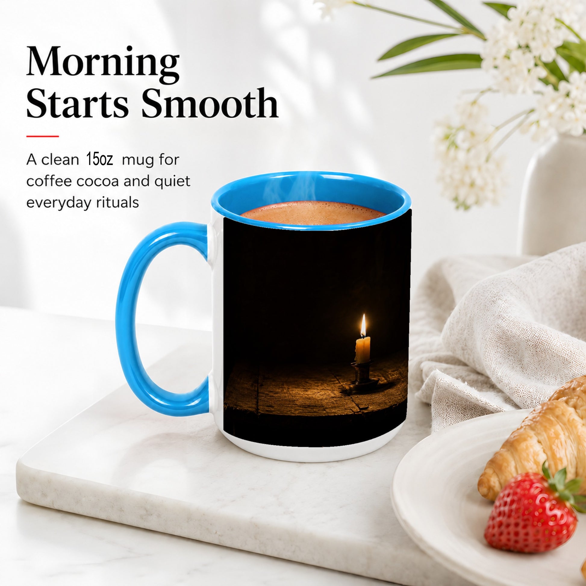 #pl[15oz|Blue] Candlelight Ceramic Mug, Dark Cozy Night Still Life Art