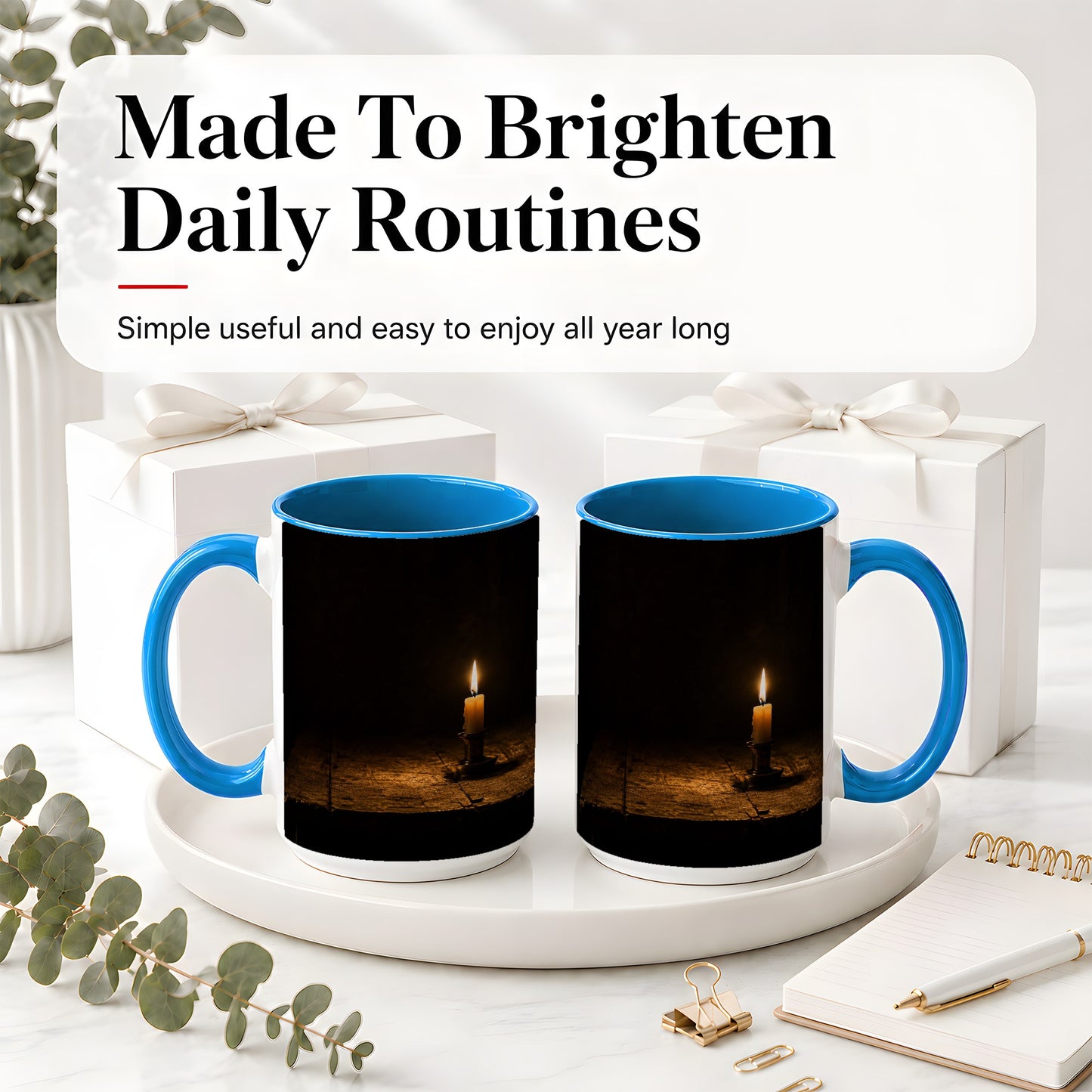 #pl[15oz|Blue] Candlelight Ceramic Mug, Dark Cozy Night Still Life Art