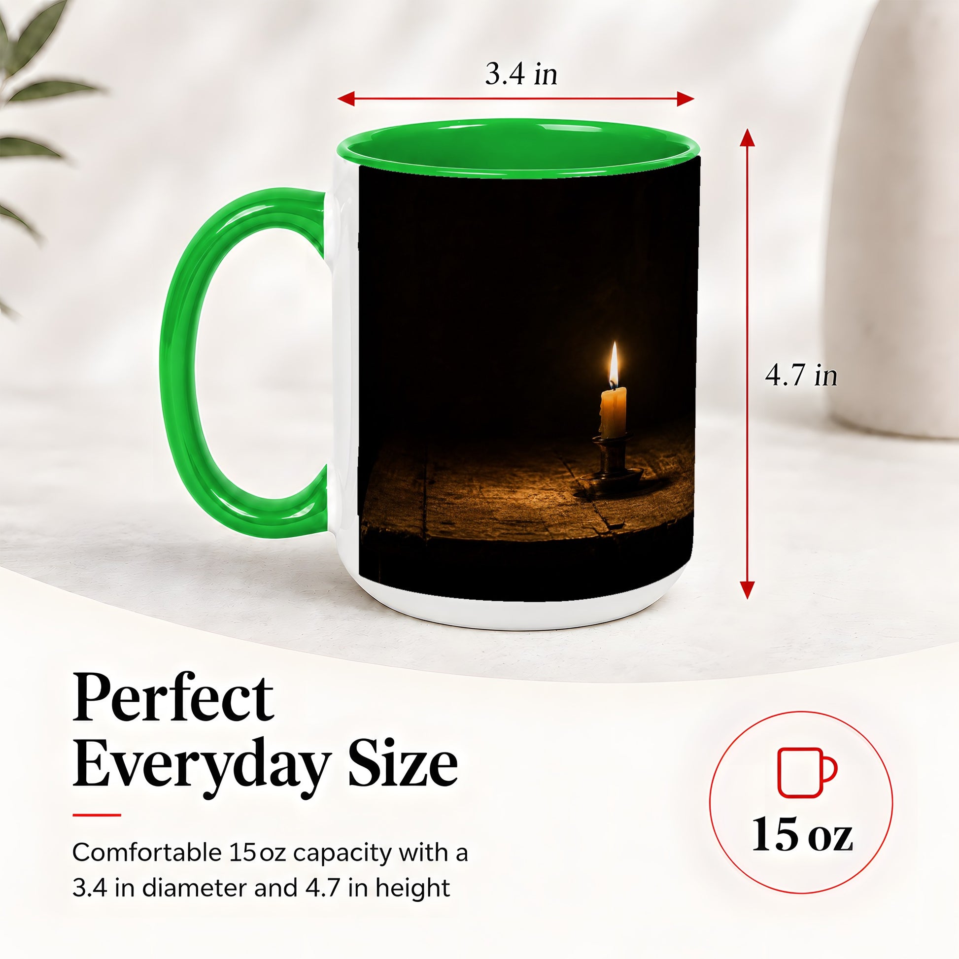 #pl[15oz|Green] Candlelight Ceramic Mug, Dark Cozy Night Still Life Art
