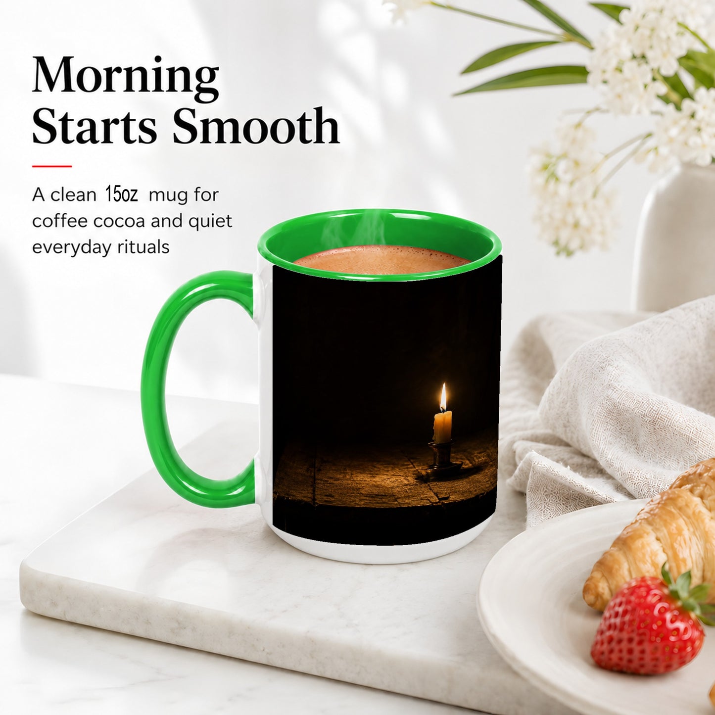 #pl[15oz|Green] Candlelight Ceramic Mug, Dark Cozy Night Still Life Art